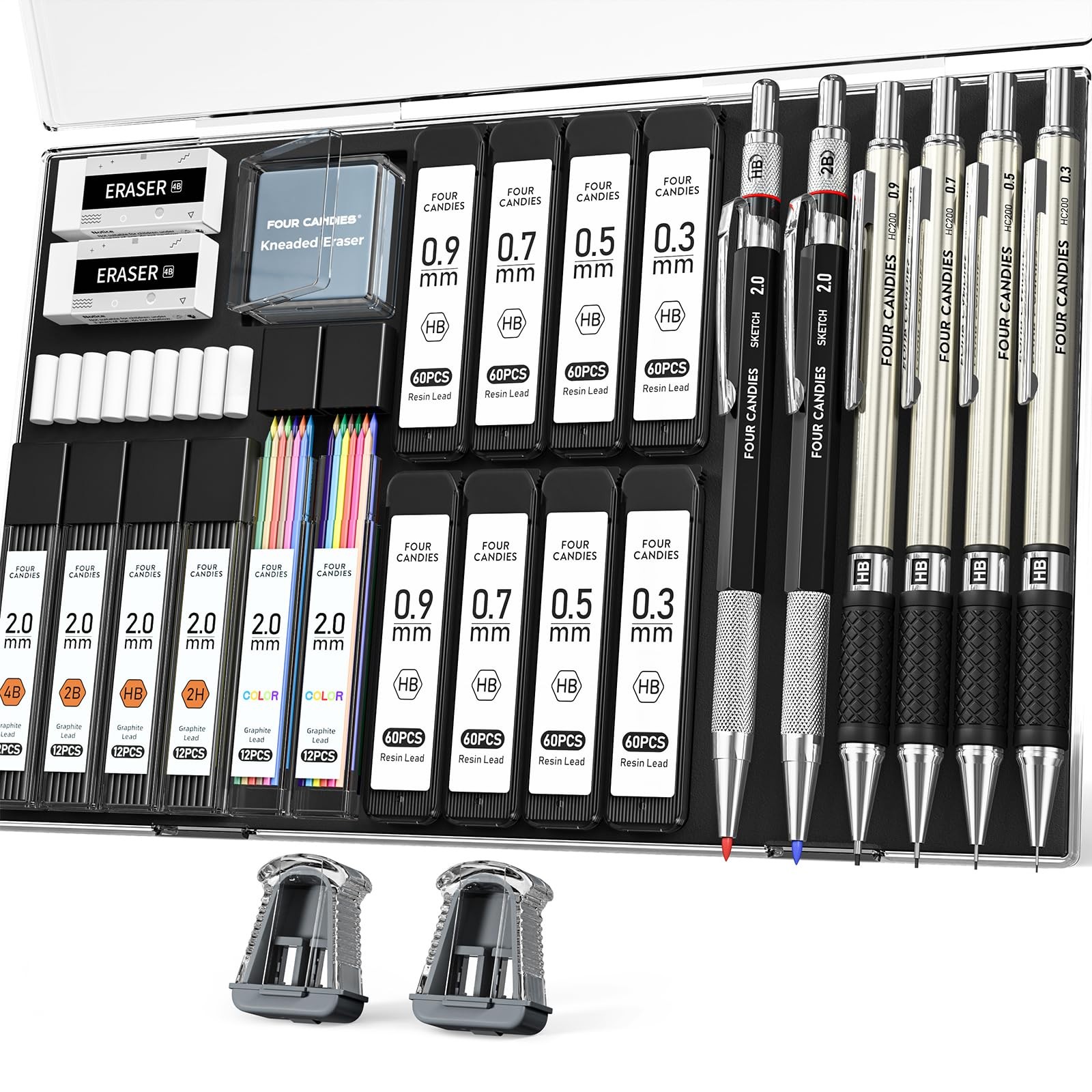 Four Candies 27PCS Mechanical Pencil Set with Case, Art 27 Pcs, Black+Silver