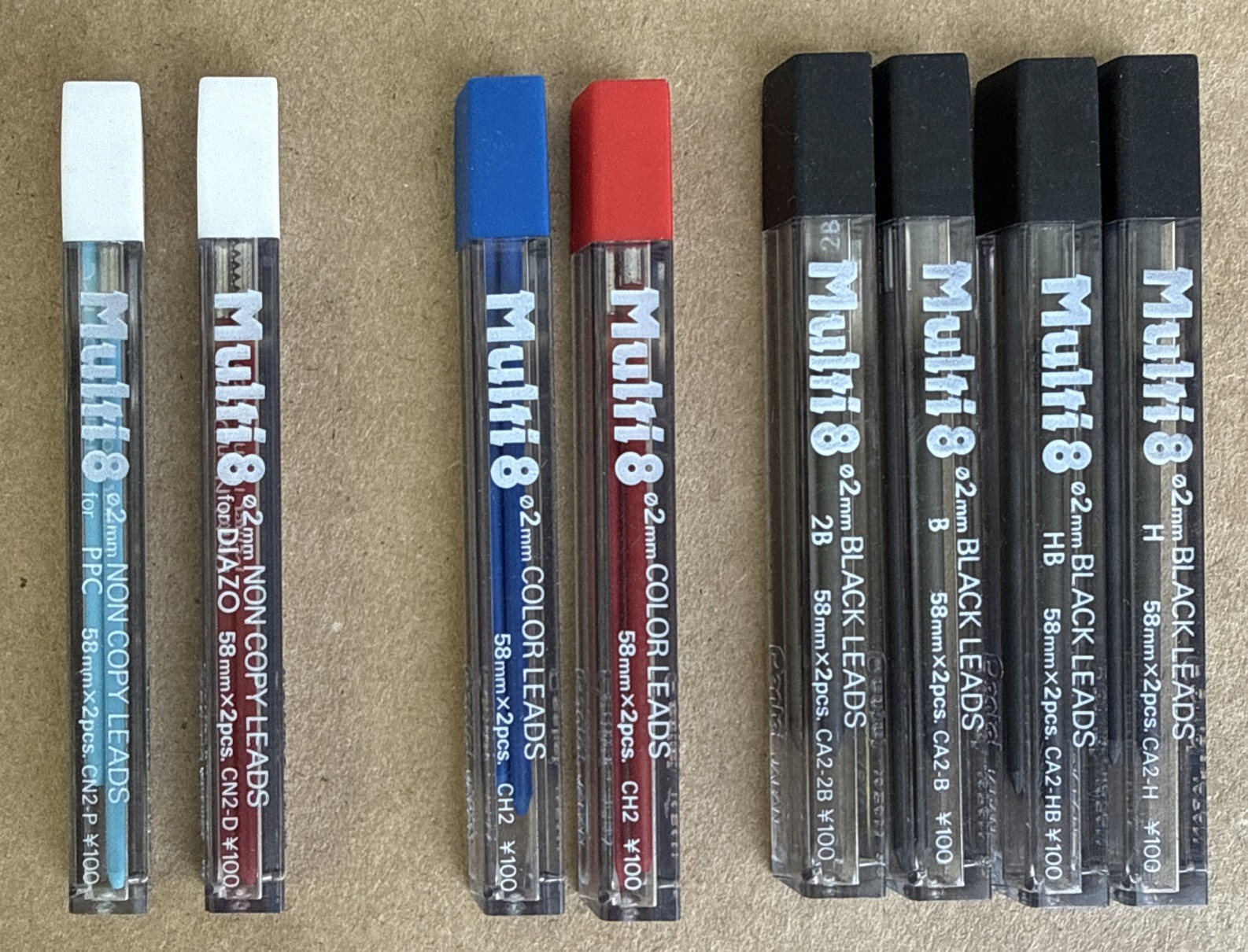 Pentel Multi8 2mm Color Leads 2x58mm LOT of 8 Tubes Refill Black Red Blue