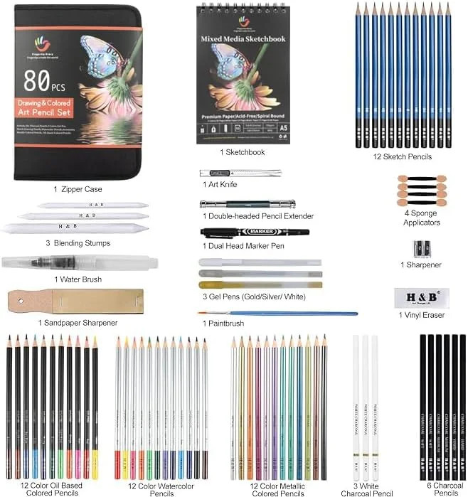 H & B 80 PCS Pro Drawing & Art Supplies Set, Sketching Kit with Watercolor, Meta