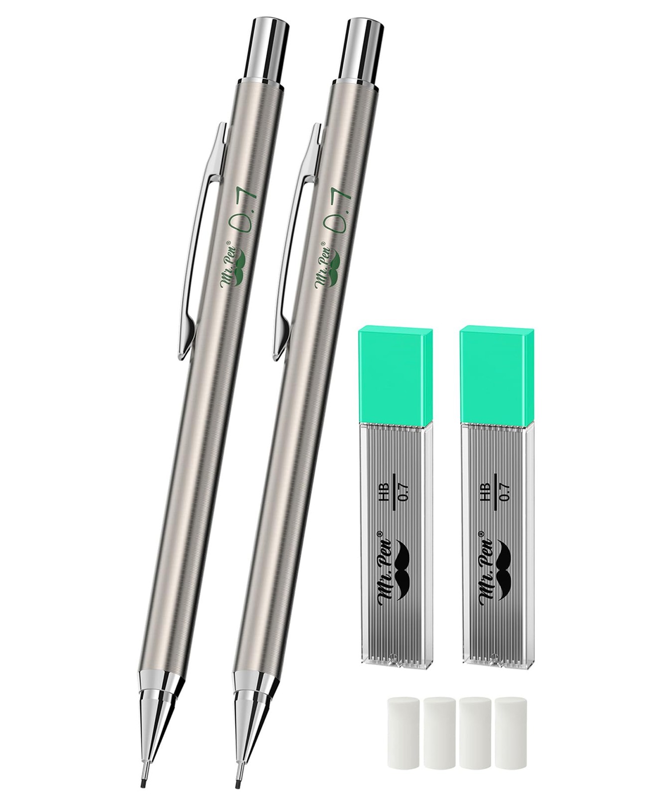 Mr. Pen- Metal Mechanical Pencils, 0.7mm, 2 Pack, 1 Count (Pack of 1), Silver