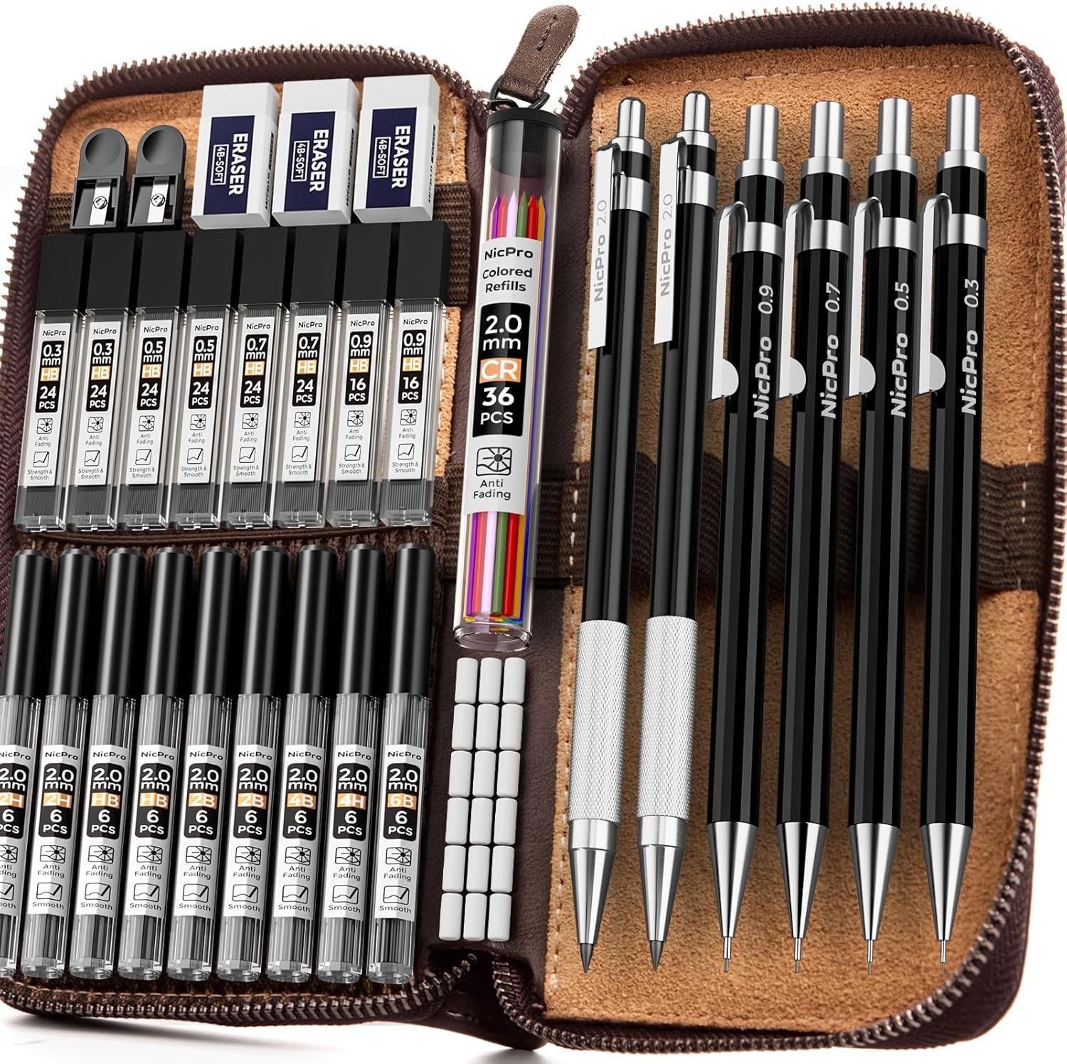33PCS Metal Mechanical Pencil Set for Artists in an Elegant Leather Case