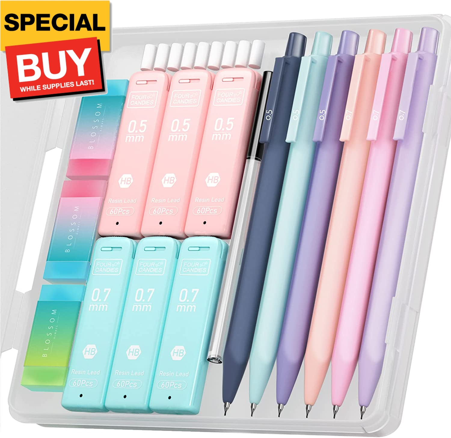 Cute Mechanical Pencil Set, 6PCS Pastel Mechanical Pencils 0.5 & 0.7mm with 360P