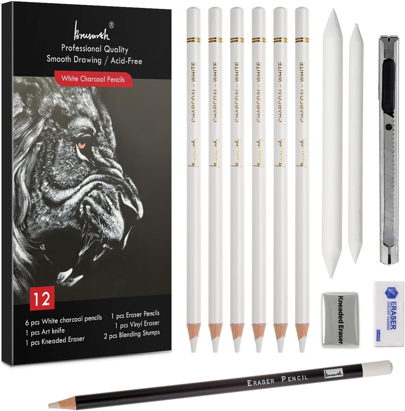 White Charcoal Pencils Set – 12 Piece Sketch Highlight