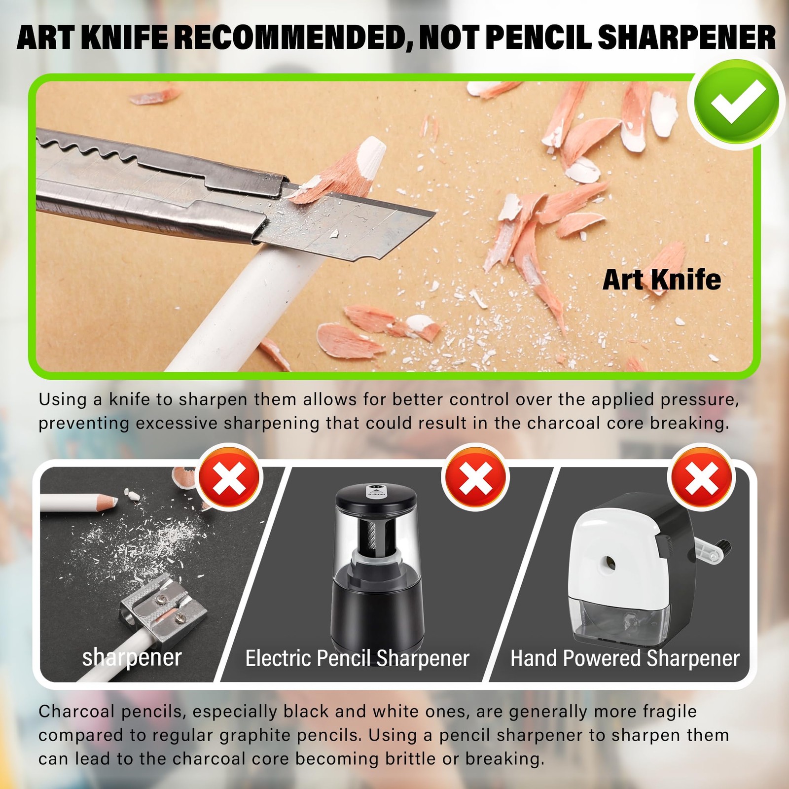 KALOUR White Charcoal Pencils Drawing Set, 1 Count (Pack of 6),