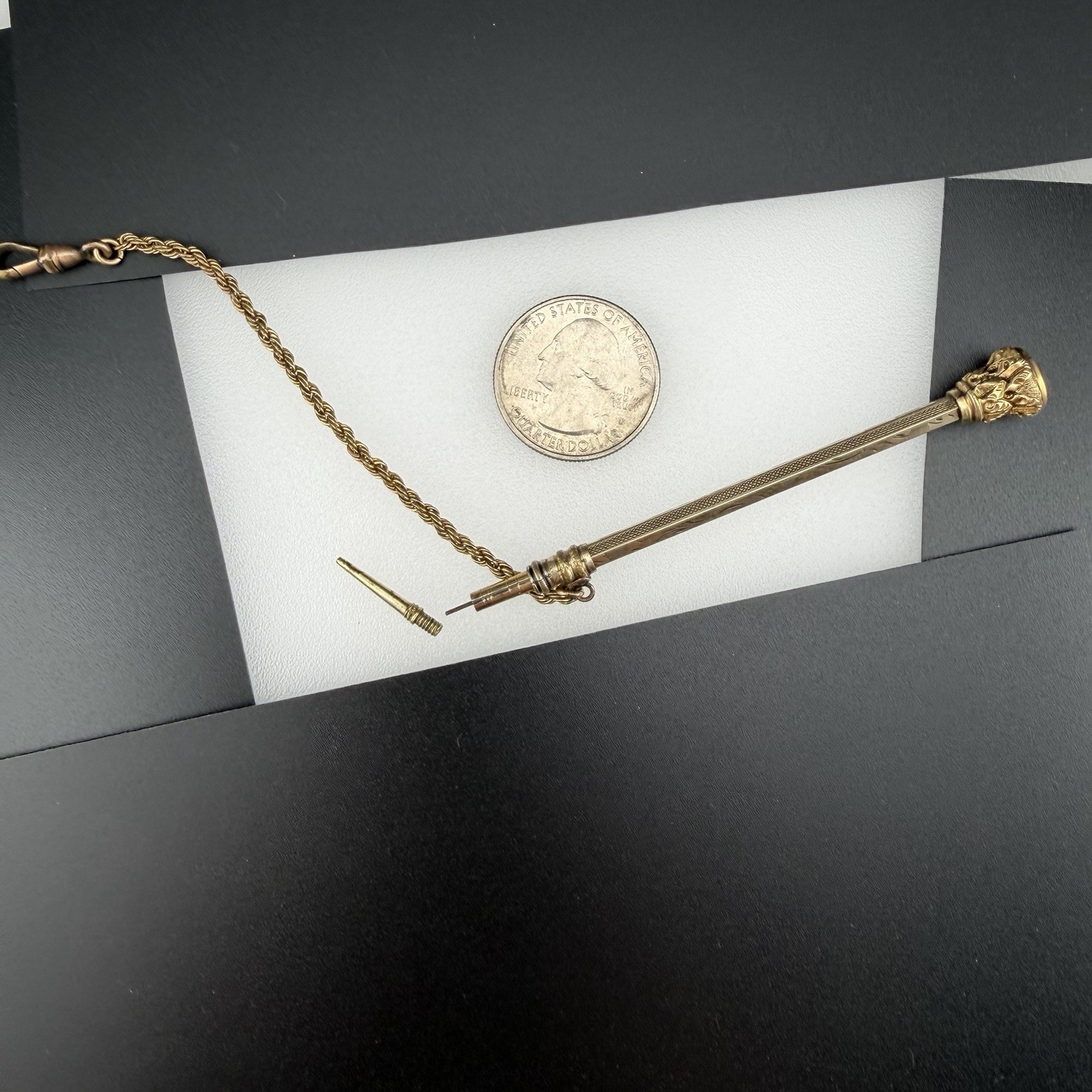 Victorian Gold Filled 3 7/8″ Telescoping Pencil Watch Fob w/ Chain & White Stone