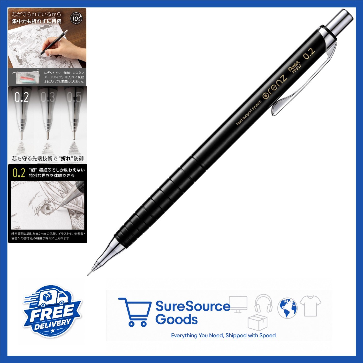 Orenz 0.2mm Mechanical Pencil Black Round Body with Guide Pipe and Eraser