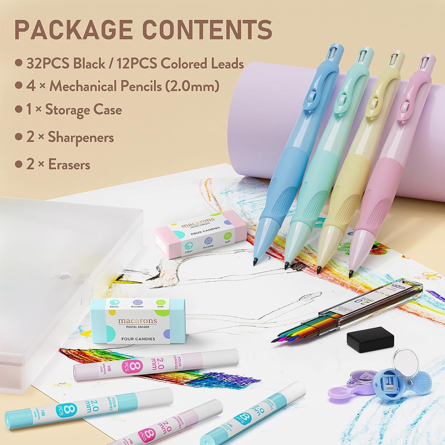 Four Candies 2.0MM Handwriting Pencils for Kids with Comfort Ergonomic Grip, 4PC