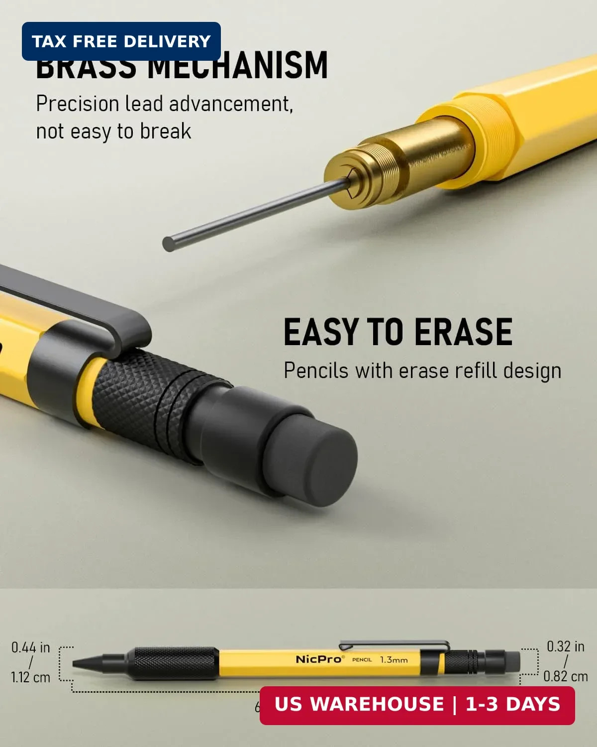 Nicpro MP2000 1.3mm Metal Mechanical Pencil Set with Case (Yellow) | 12 Black Le