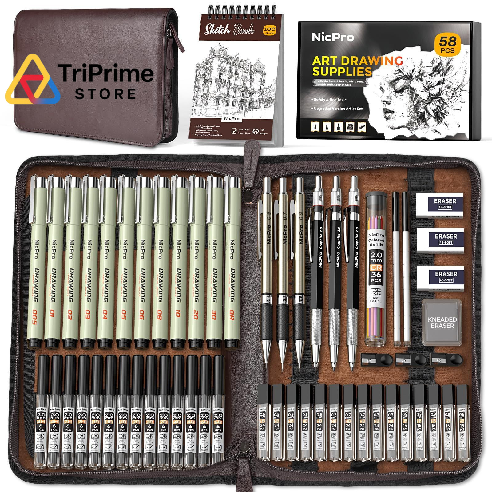 Nicpro 58 PCS Art Drawing Supplies Kit in 0.5mm 0.7mm 0.9mm 2.0mm, Black
