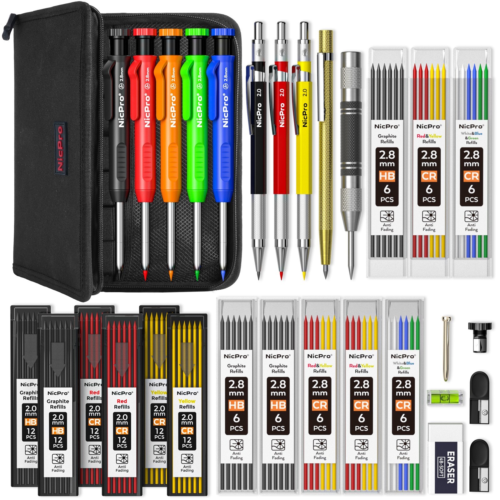 Nicpro 31Pk Carpenter Pencil Set: Sharpener + 128 Refills + Scribe + Canvas Case