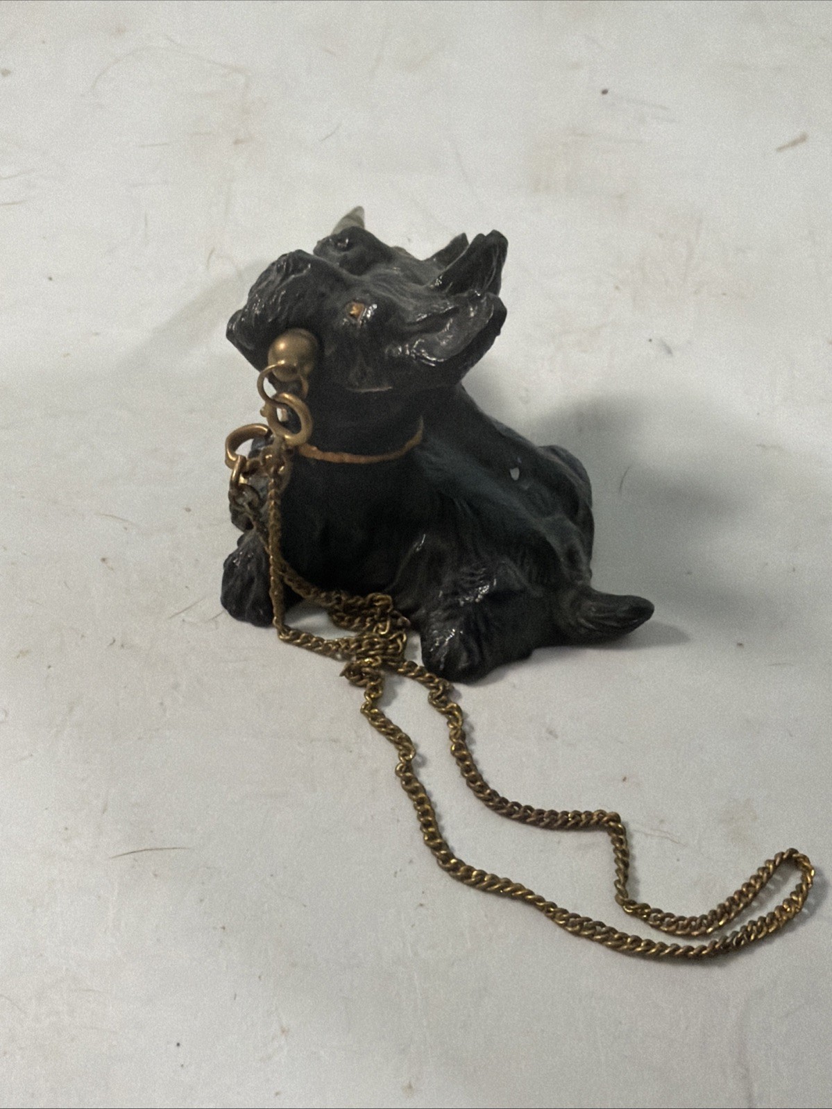 VTG MCM Solid Metal Scottie Dogs Leashed w/Chain Pencil holder Ge3