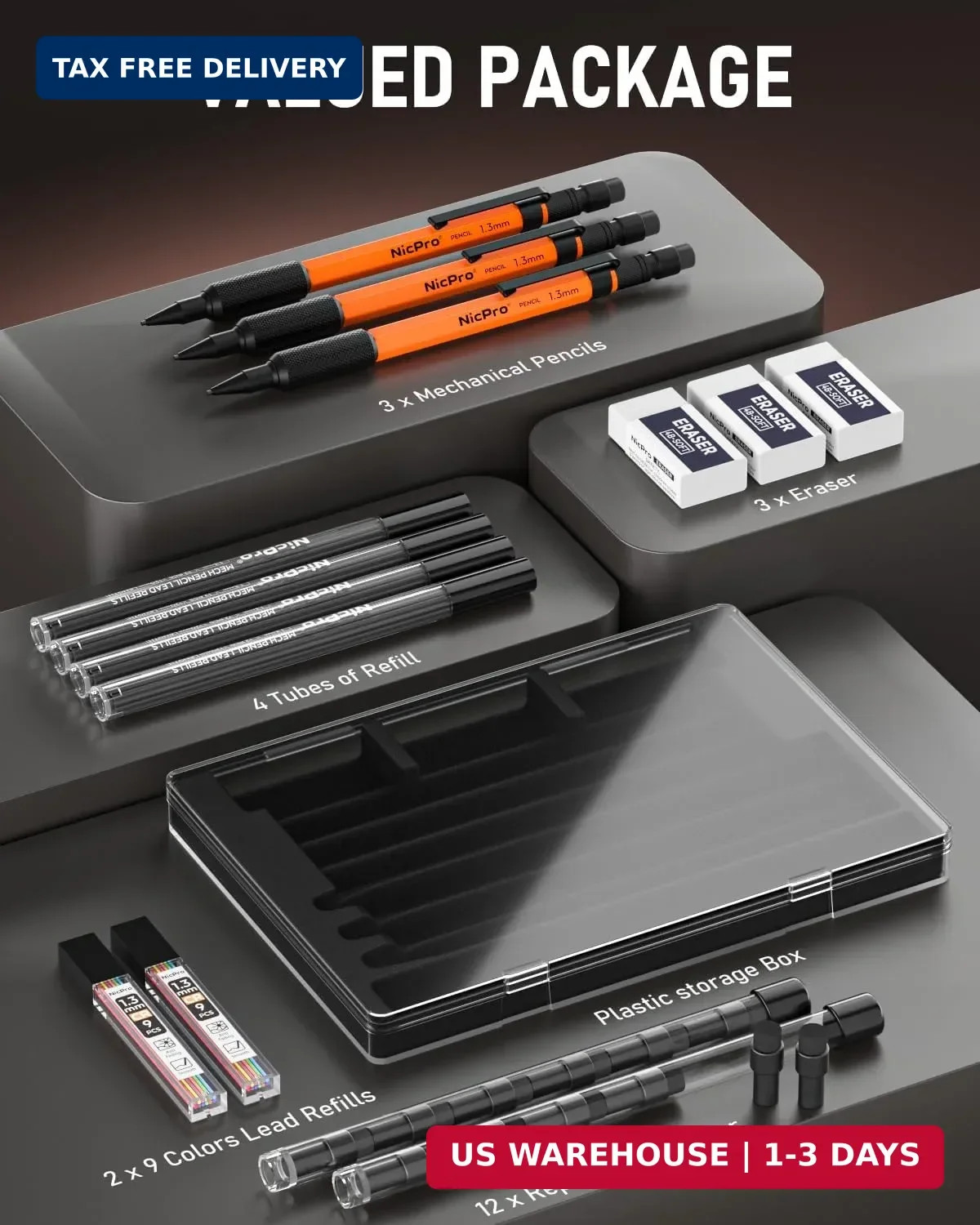 Nicpro 3 PCS 1.3 mm Orange Mechanical Pencils Set with 66 Lead Refill, 3 Eraser