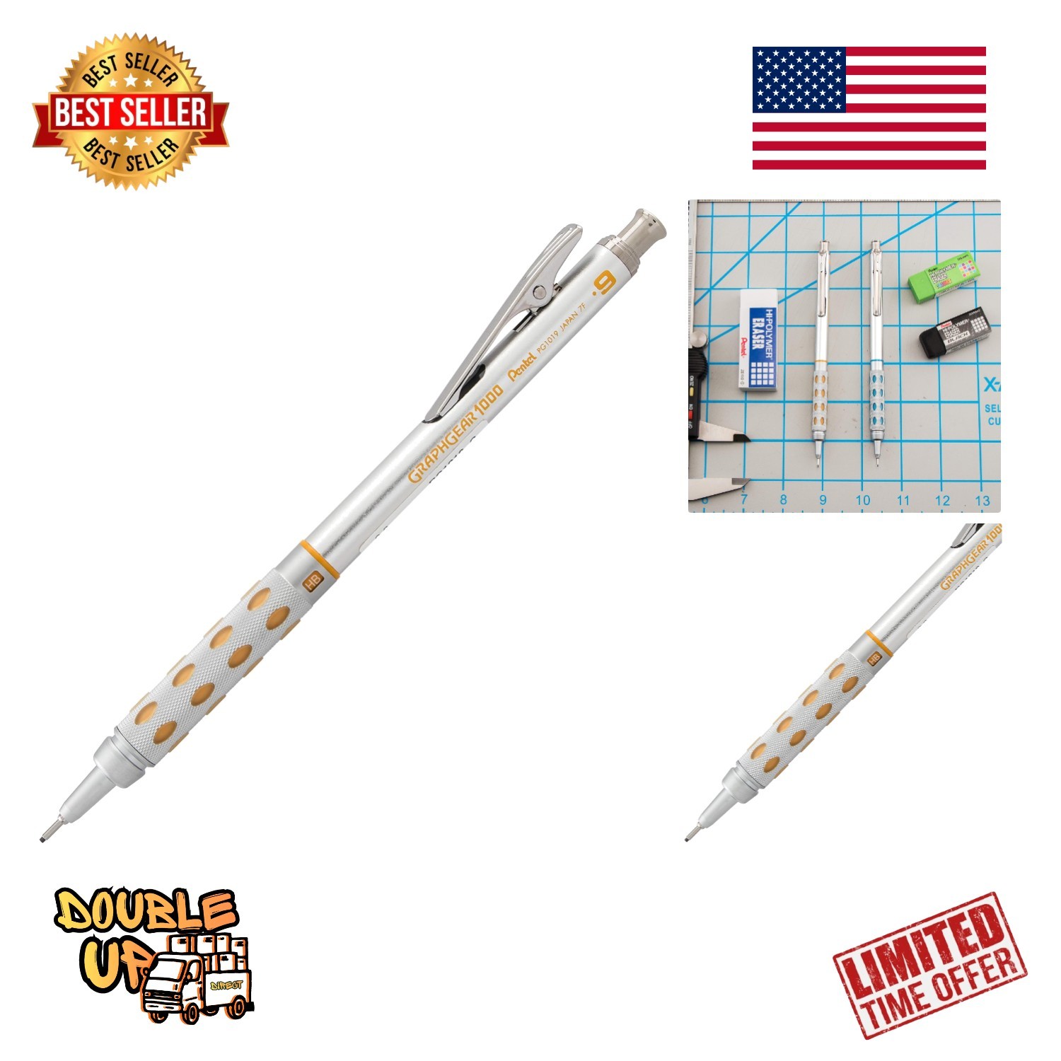 Stylish GraphGear1000 0.9mm Graphite Pencil with Knurled Grip and Yellow Accents
