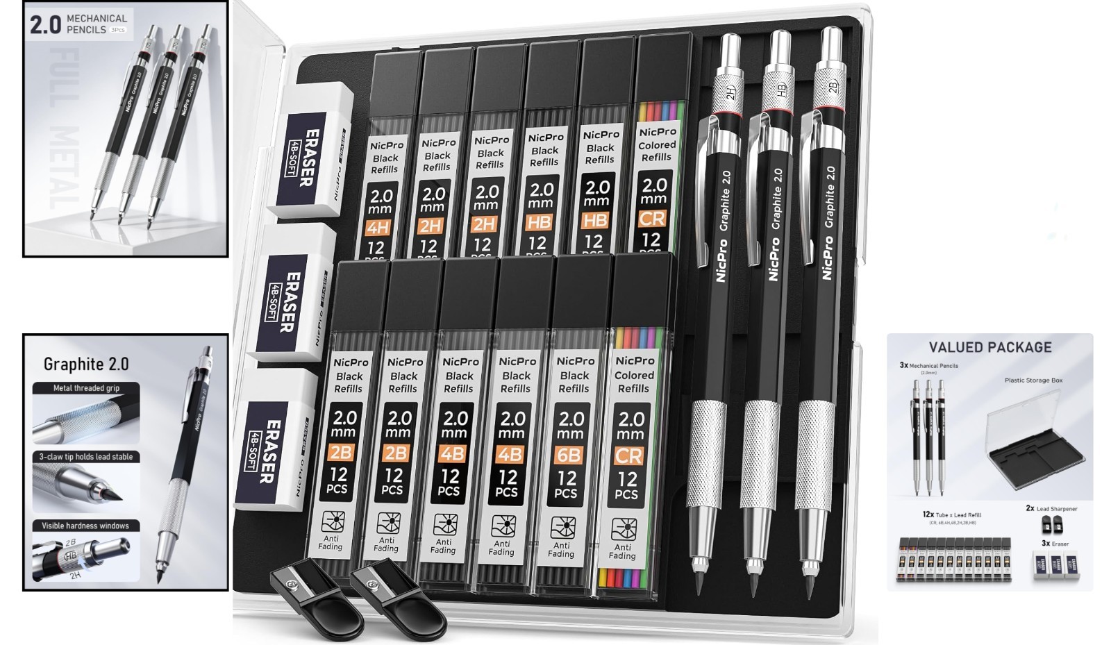 Graphite 2mm Mechanical Pencil Set with Full Brass Body – Ergonomic Grip & Case
