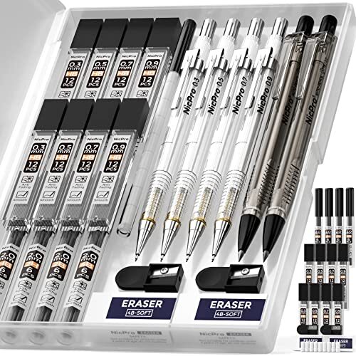 6 PCS Art Mechanical Pencils Set with Case, Drafting Pencil 0.3 & 0.5 & 0.7 &