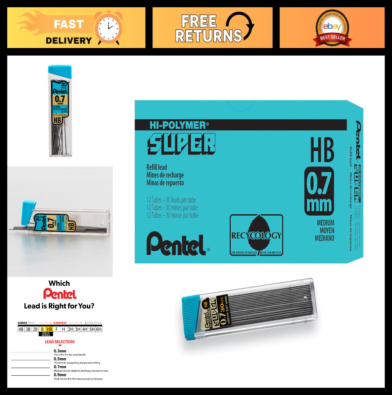 0.7mm HB Mechanical Pencil Lead Refill – 360 Pieces, Super Hi-Polymer, Medium