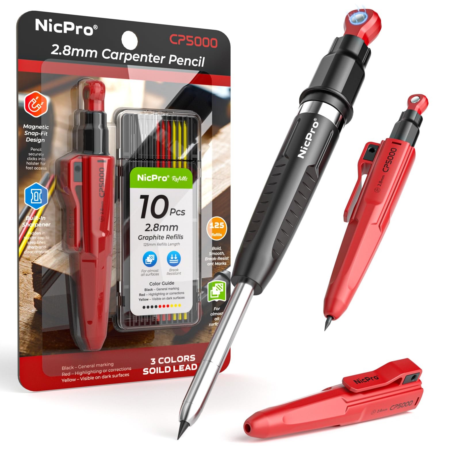 Nicpro CP5000 Magnetic Carpenter Pencils with 1 Count (Pack of 3), Red