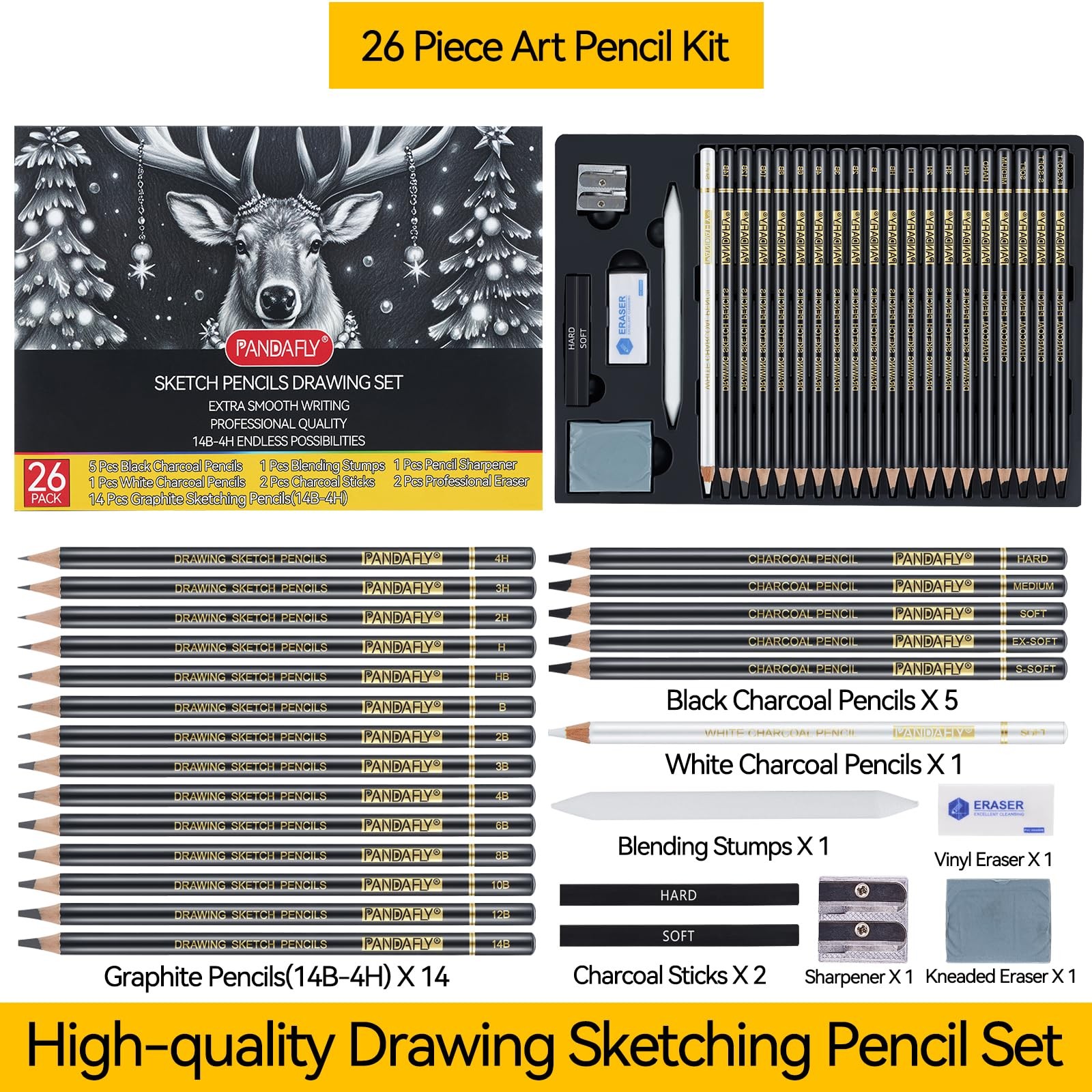 PANDAFLY 26-Piece Professional Sketch 1 Count (Pack of 26), Black – 26 Pack