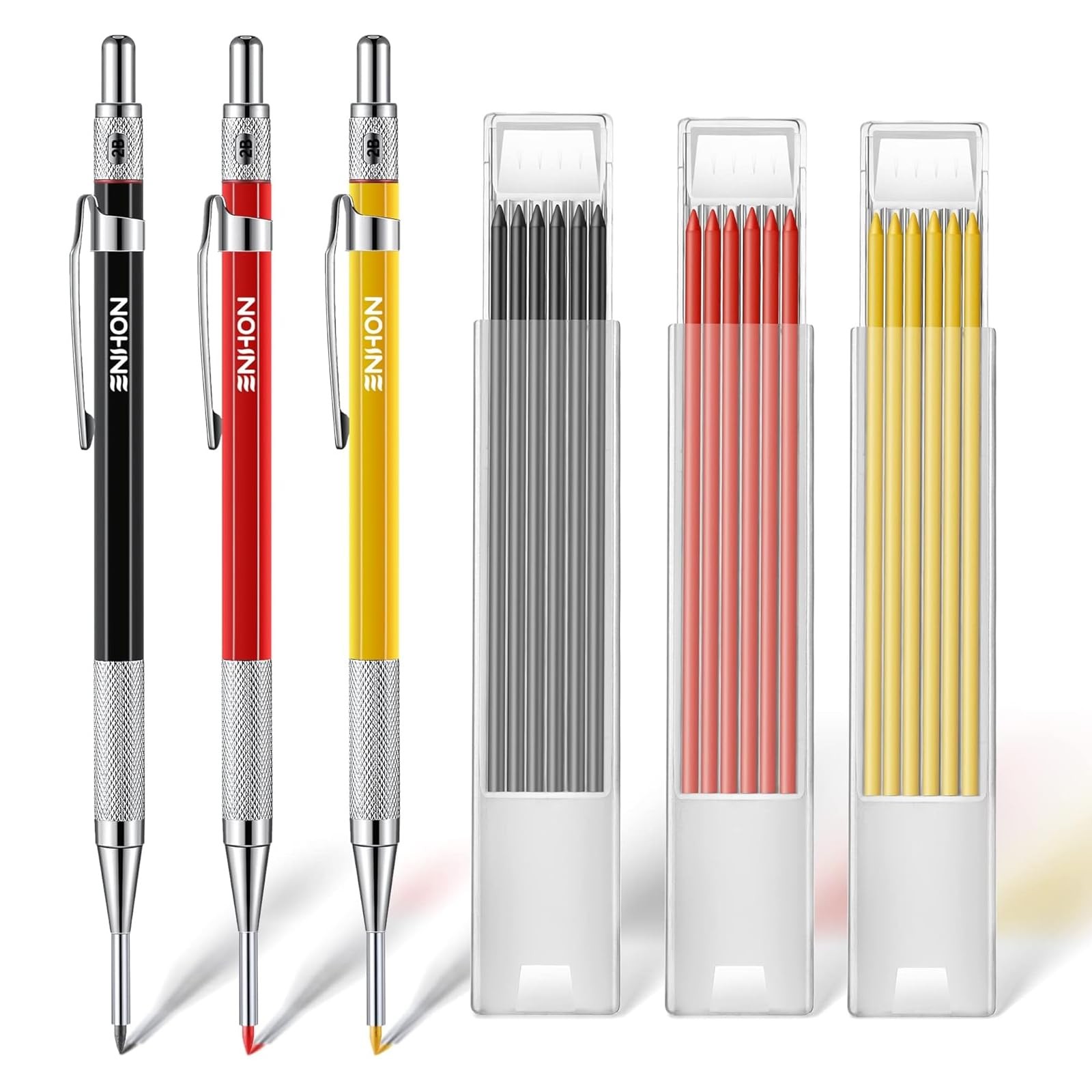 Enhon 3 Pcs 2mm Mechanical Carpenter Pencil Set with 36 Marker Refills and Sharp