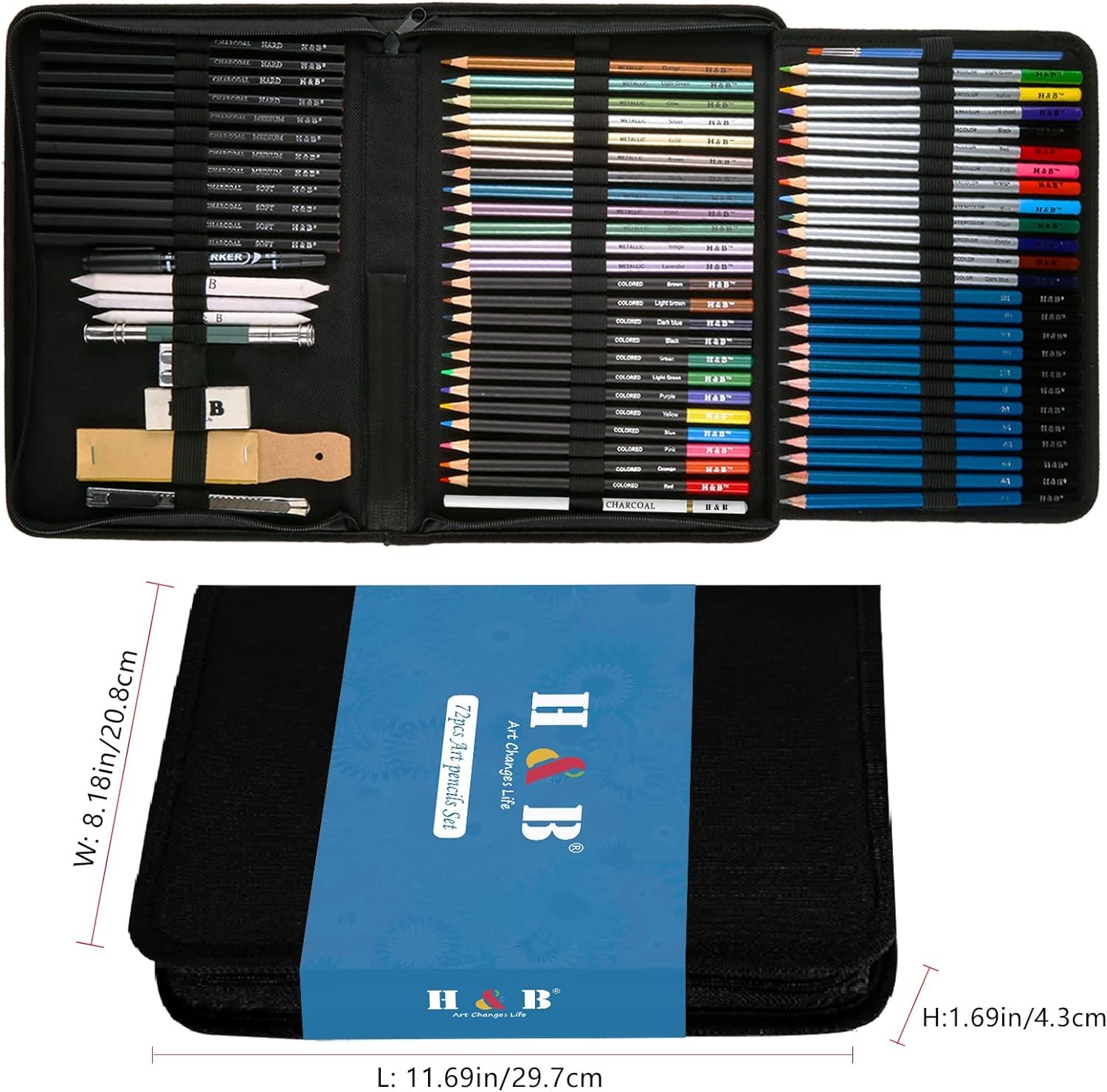 H & B 72PCS Drawing Supplies Sketching Set,Art Kit 72 Piece Set, Multicolor