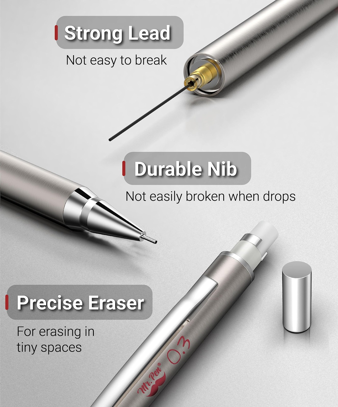 Mr. Pen- Metal Mechanical Pencil Set with Lead Refills & Erasers, 2 Pack, 0.3mm,