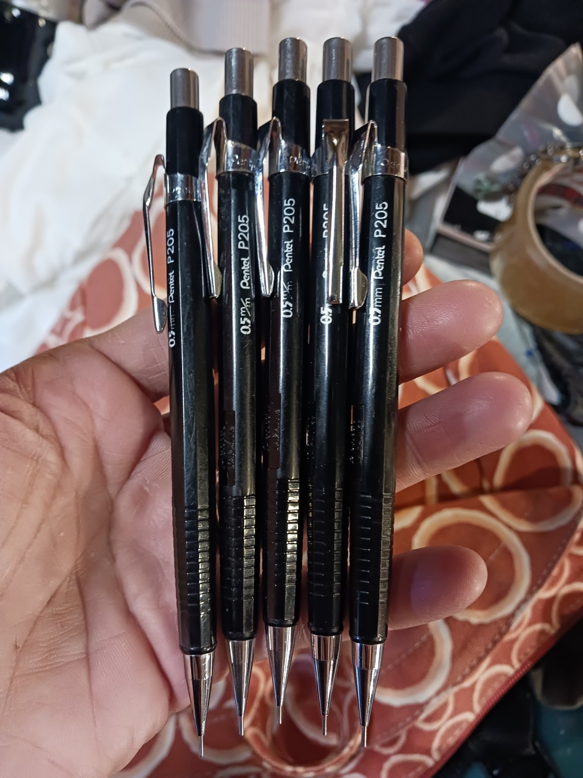 Vtg Pentel Mechanical Pencils P205 Black 0.5mm Body Pocket Clip Japan Lot of 5
