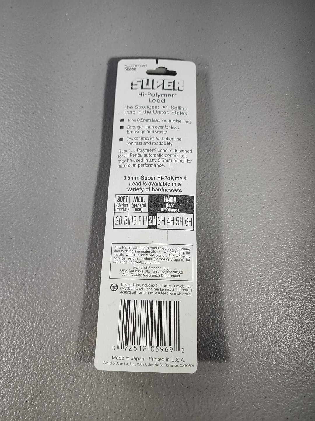 Pentel Super Hi Polymer Fine Mechanical Pencil Leads 0.5 mm 2H 3 Tubes Total 36
