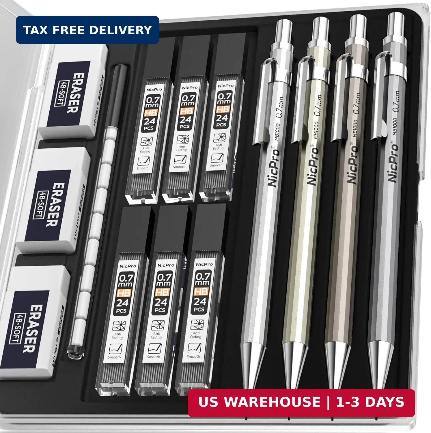 Nicpro 4 Pack Mechanical Pencil 0.7mm with Case, MB1000 Metal Mechanical Pencil