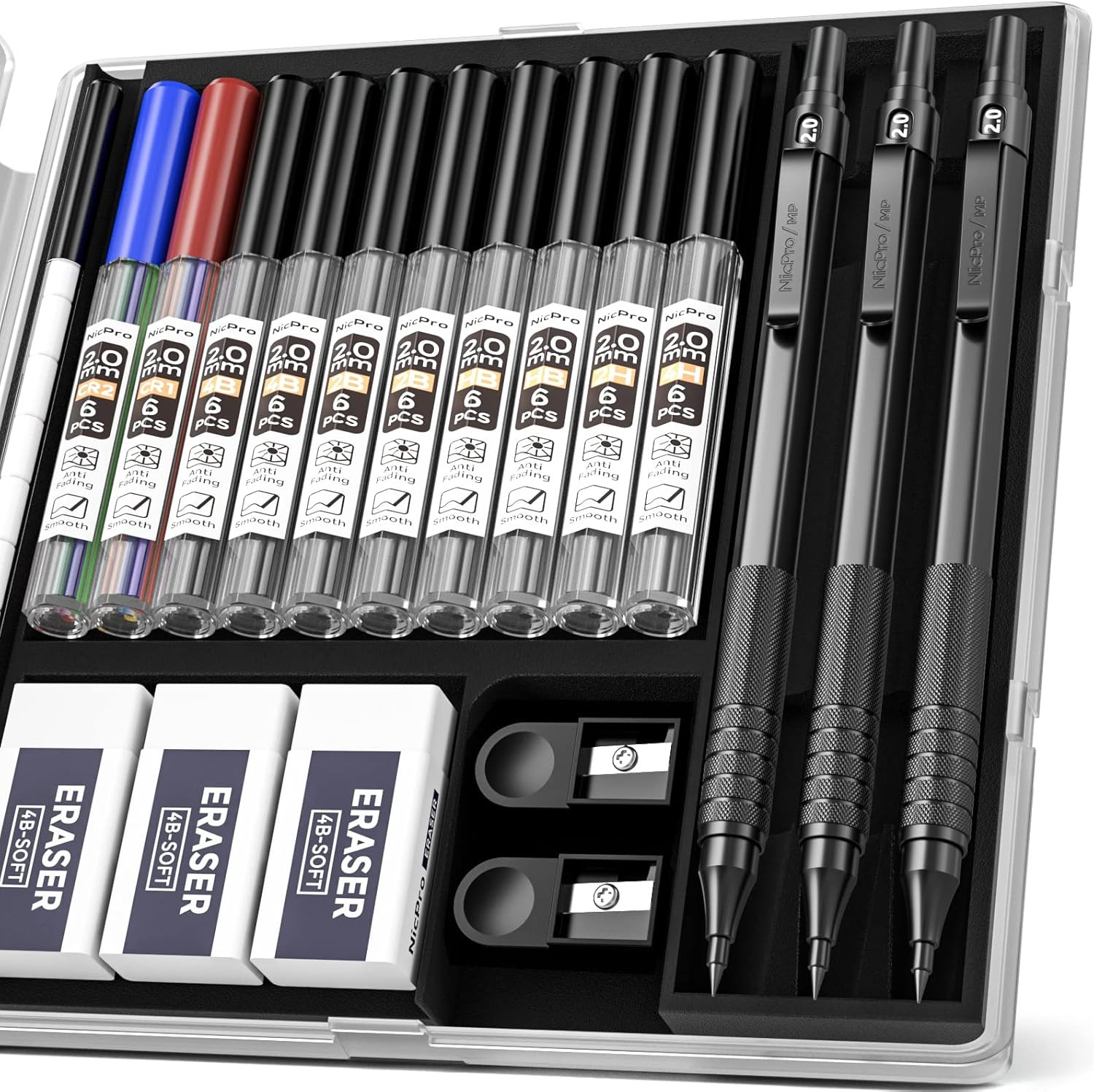Black Metal 2.0 Mechanical Pencil Set with Case, 3 PCS Drafting Lead