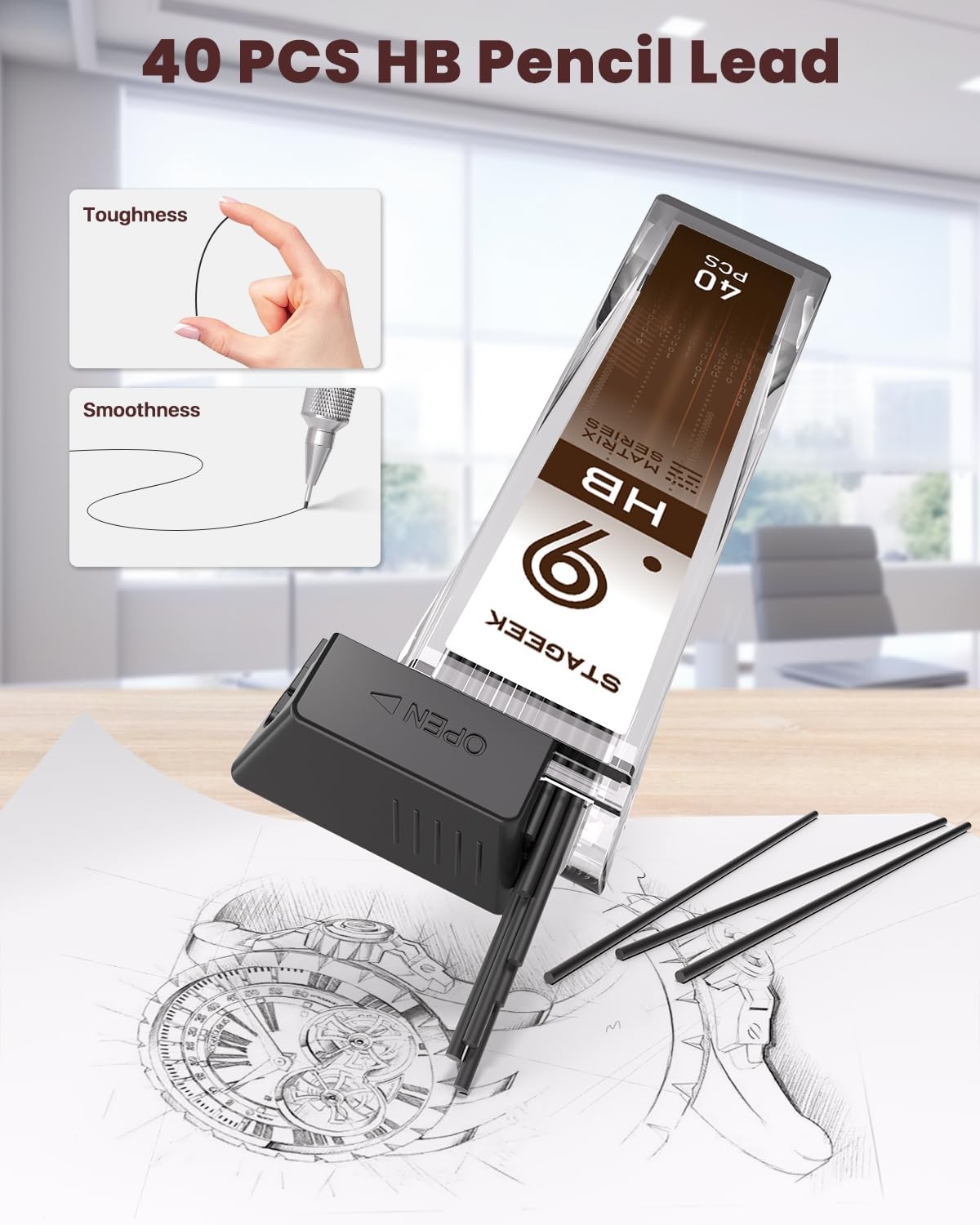 0.9mm Mechanical Pencil Metal Art Drafting Eraser 40 HB Lead Refills Brown