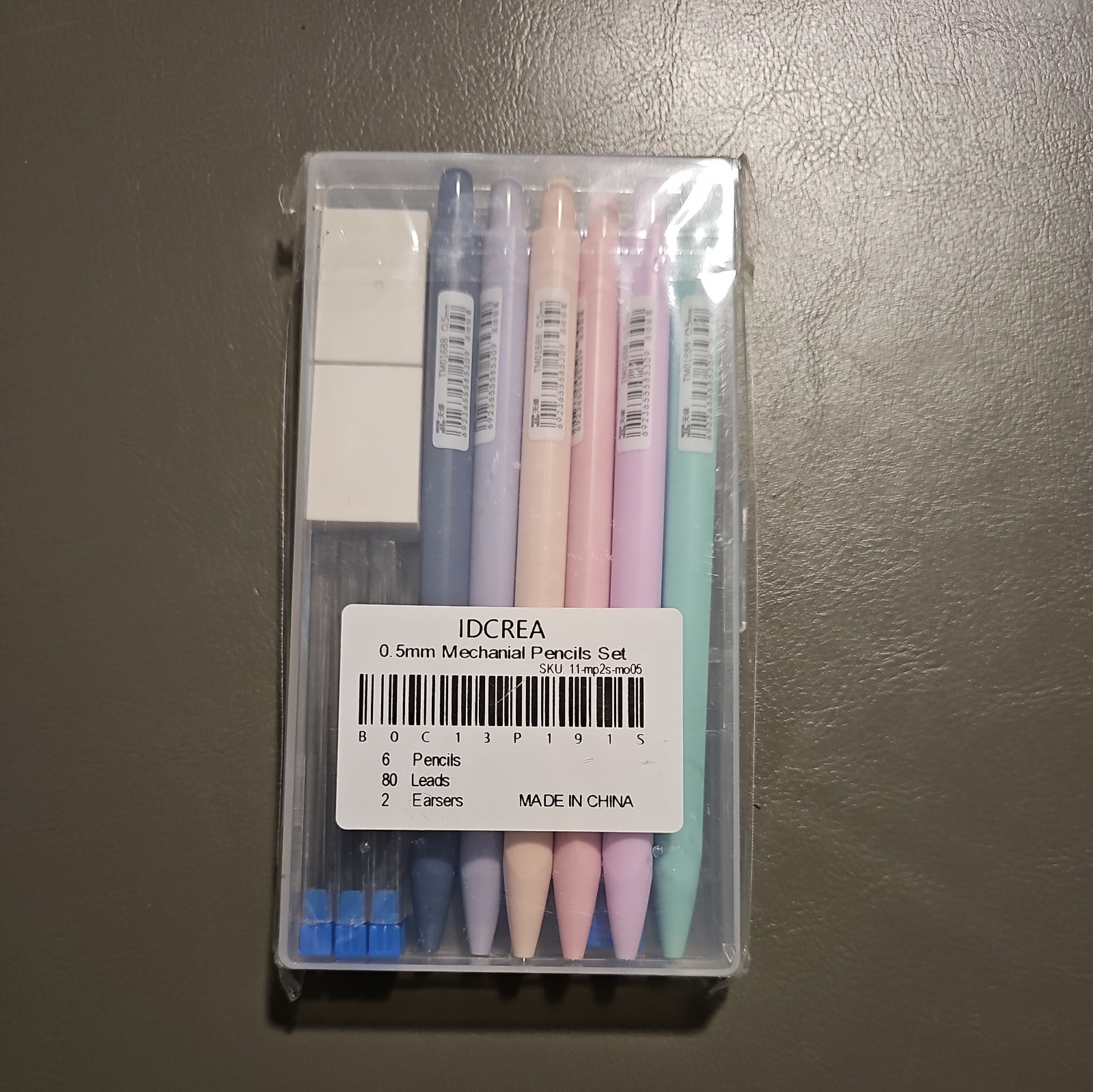 IDCREA 0.5mm Mechanical Pencil Set (6 Pencils 80 Leads 2 Erasers) with Case