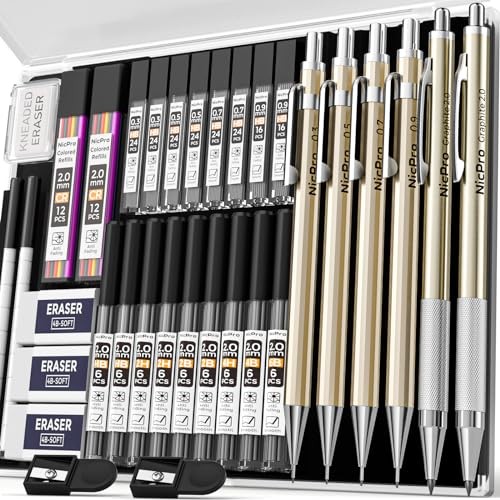 34PCS Art Mechanical Pencil Set, Metal Drafting Pencil 0.3 mm & Champagne 34