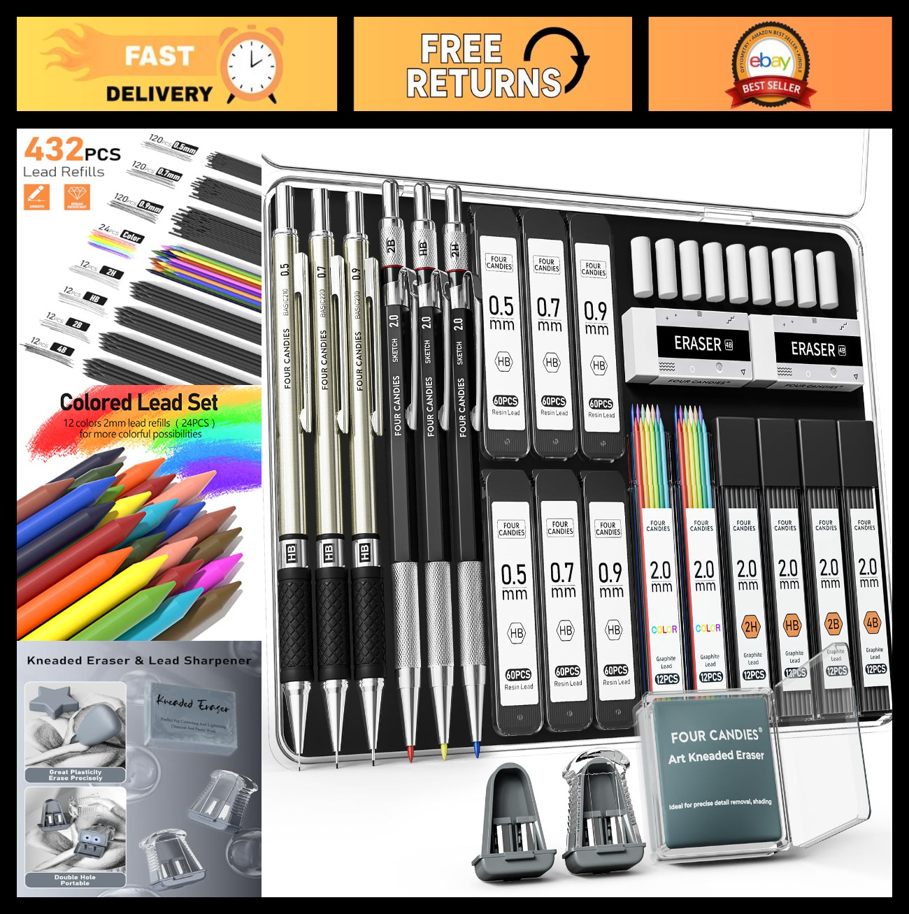 25PCS Mechanical Pencil Set with Case, 3 Metal Pencils & 432 Graphite Leads for
