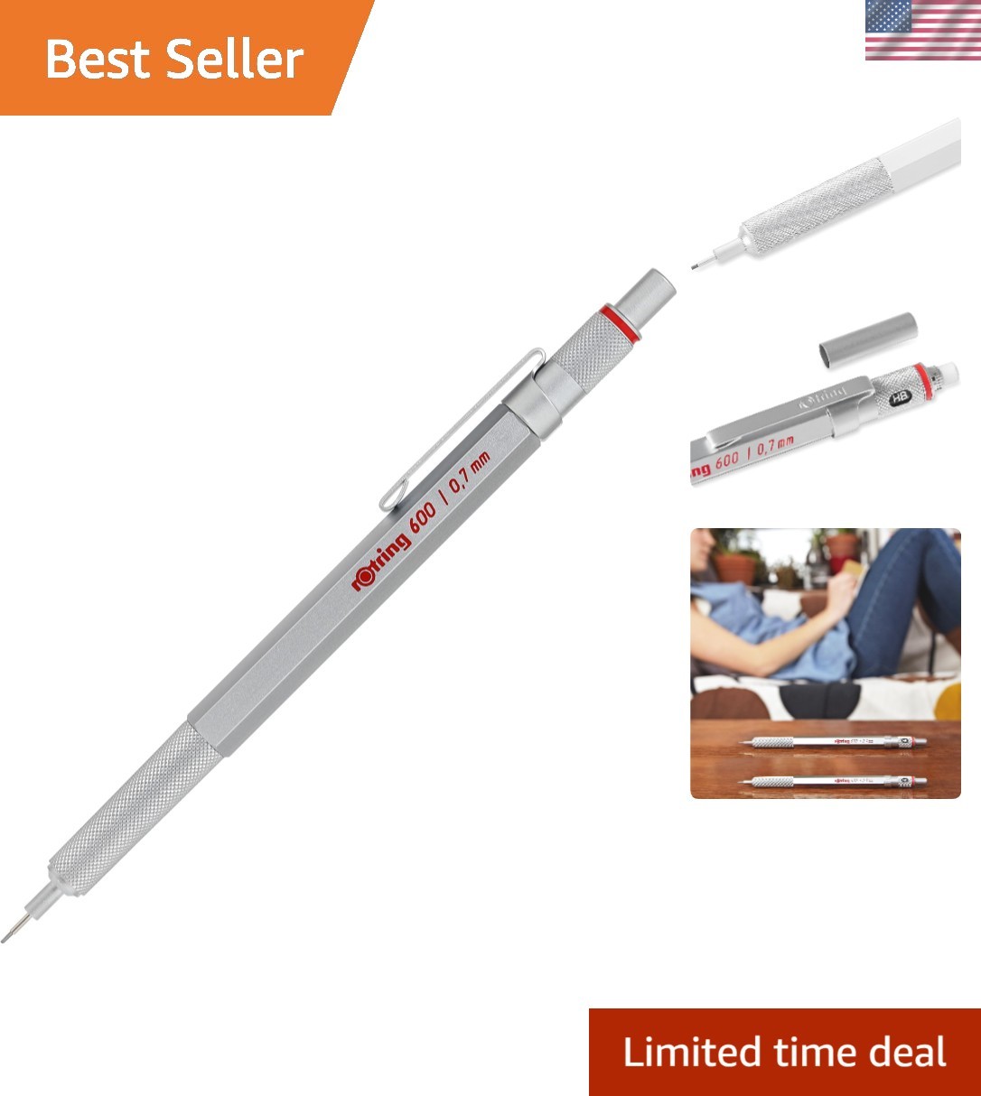 600 Mechanical Pencil, 0.7 mm Lead, Silver Metal Barrel – For Technical Writi…