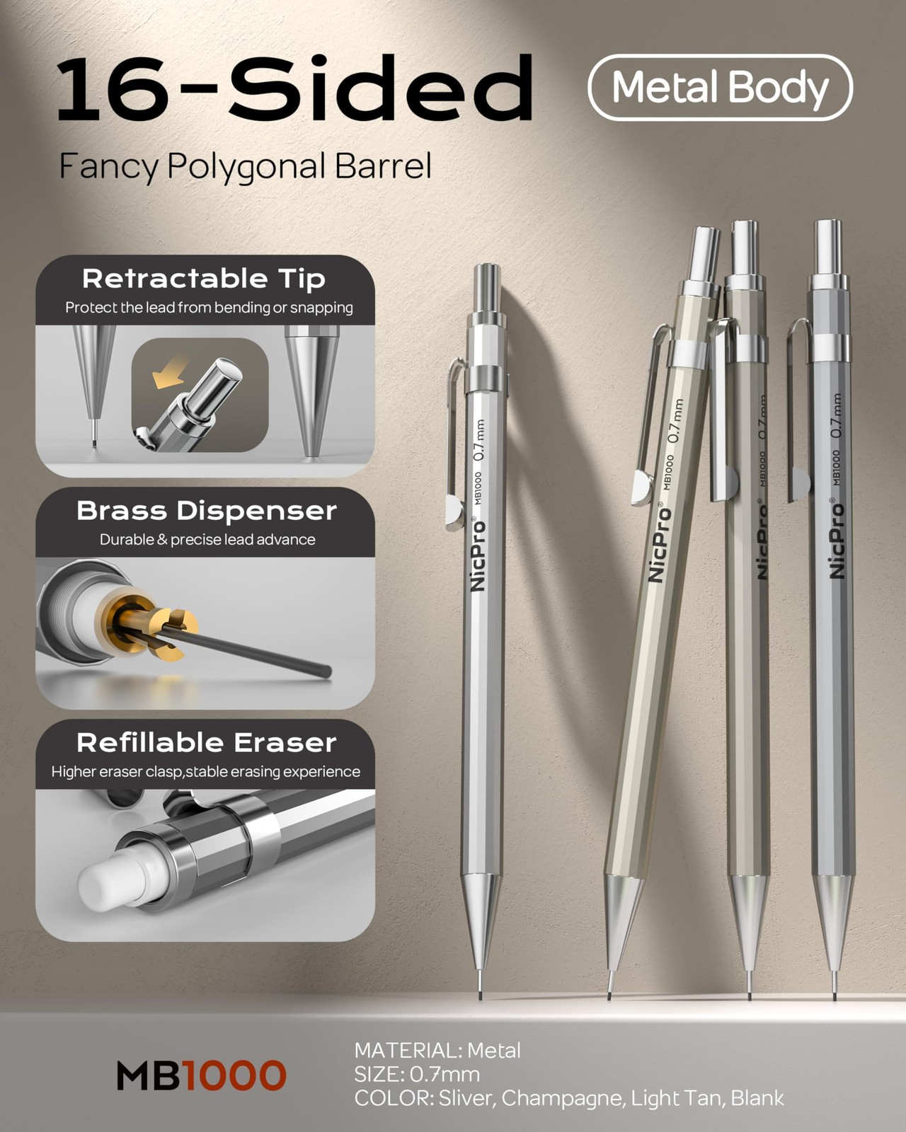 Nicpro 4 Pack Mechanical Pencil 0.7mm with Case, MB1000 Metal 0.7mm, Black