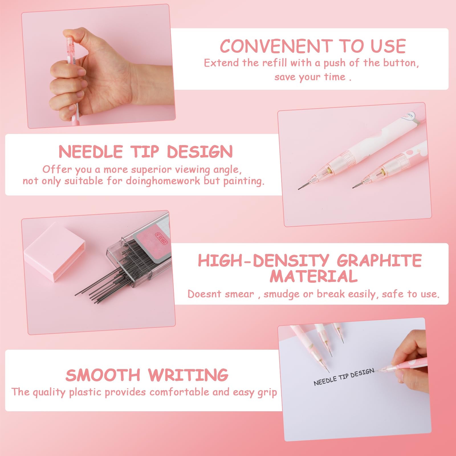 Cute Mechanical Pencil Set Include 4 Pcs 0.5Mm Kawaii Mechanical and 100 Pcs Pe