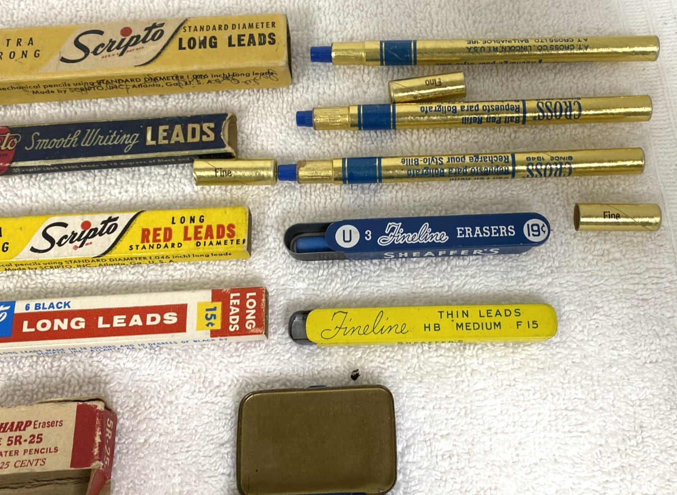 11 Vintage Pencil Leads Erasers Pen Refills Tins Boxes Scripto Sheaffers Cross