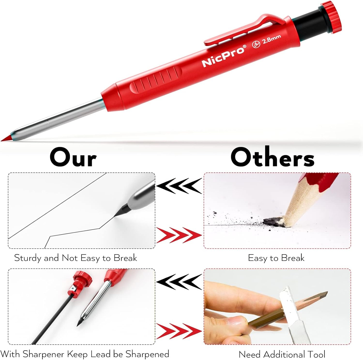 Nicpro 3 Pack Carpenter Pencil with 13 Count (Pack of 3), Black,Red,Yellow