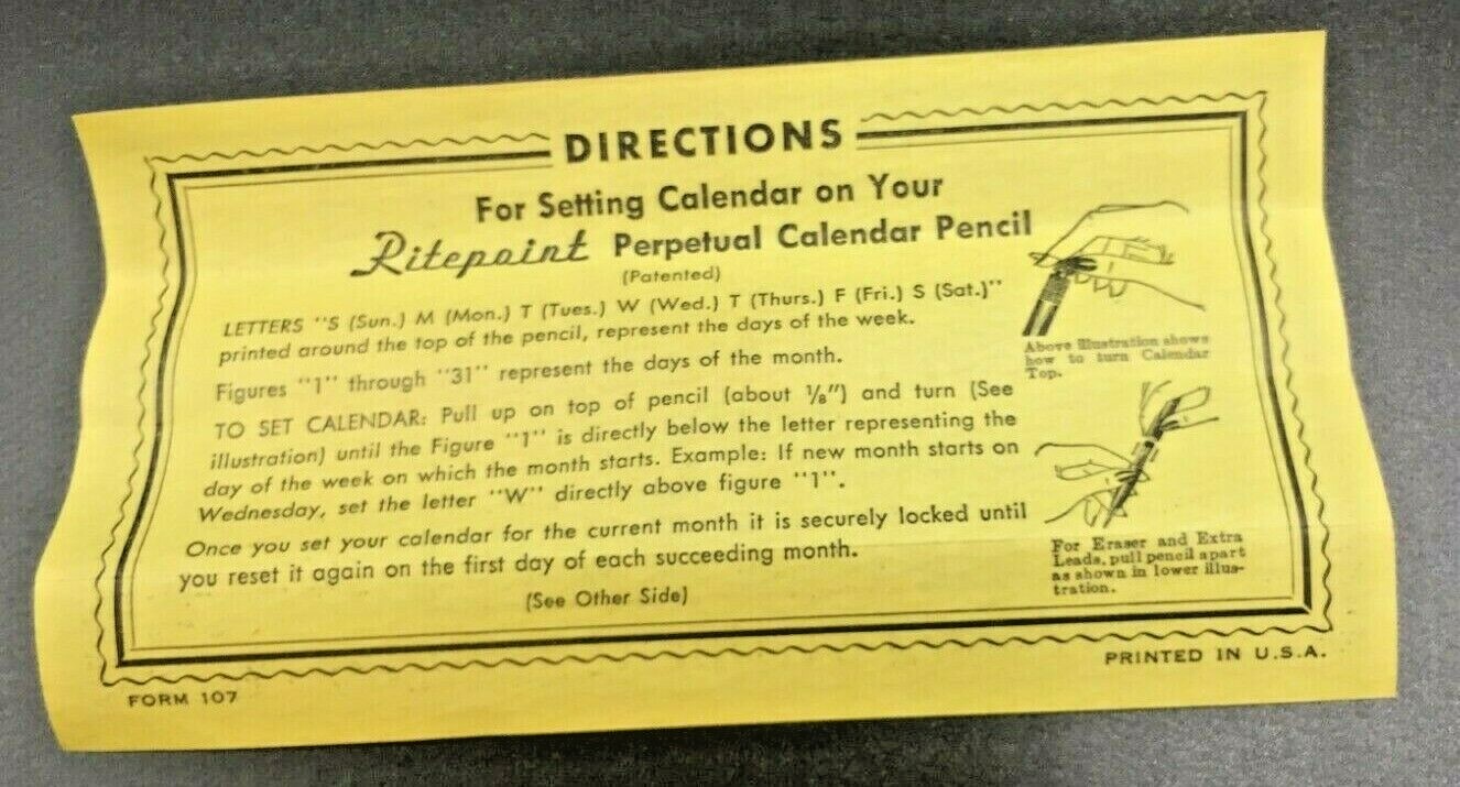 Guarantee Service Certificate & Directions – Ritepoint Perpetual Calendar Pencil