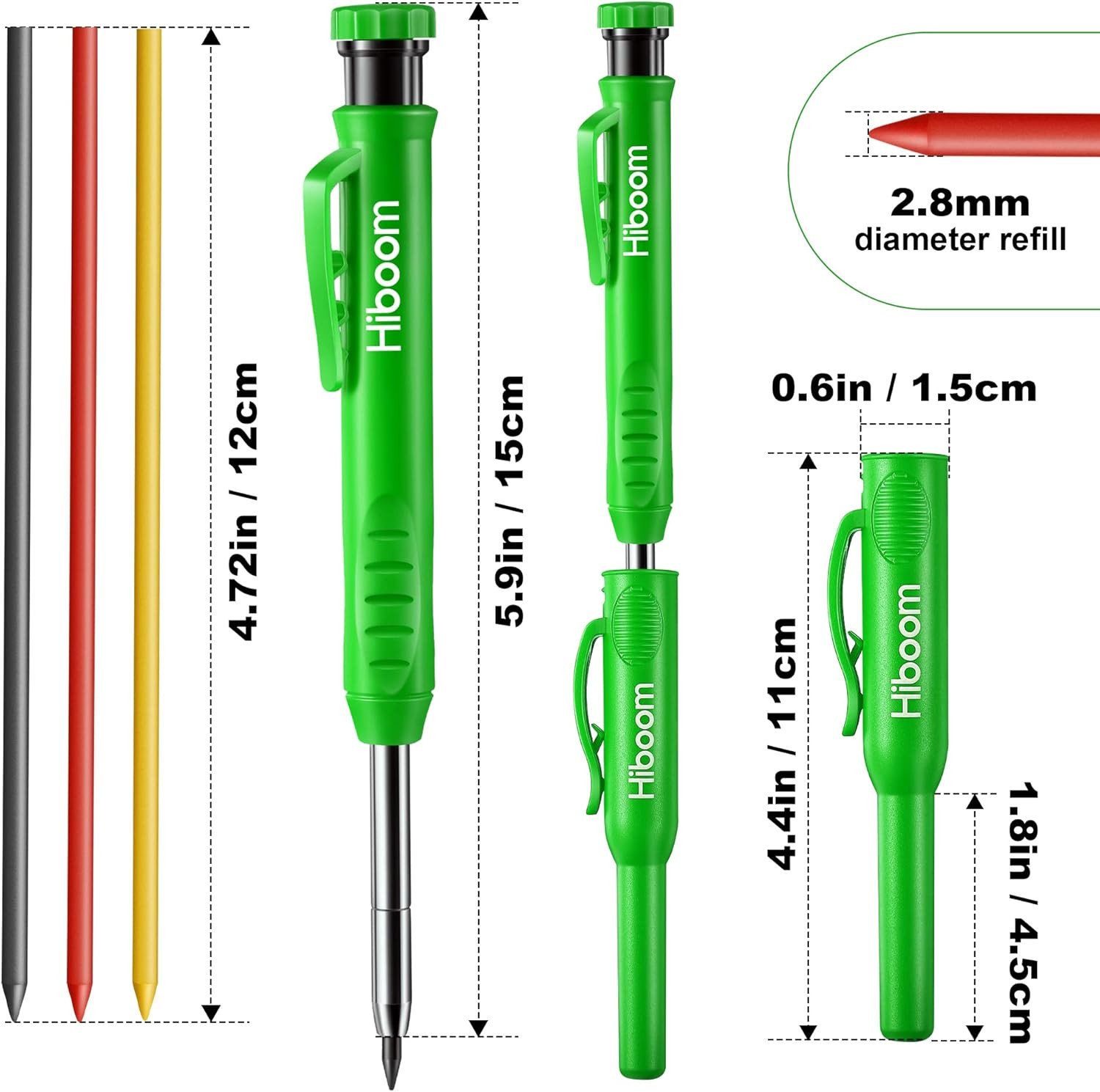 Hiboom 3 Pack Carpenter Pencil with 24 Refills (Red, Black, Yellow), Green
