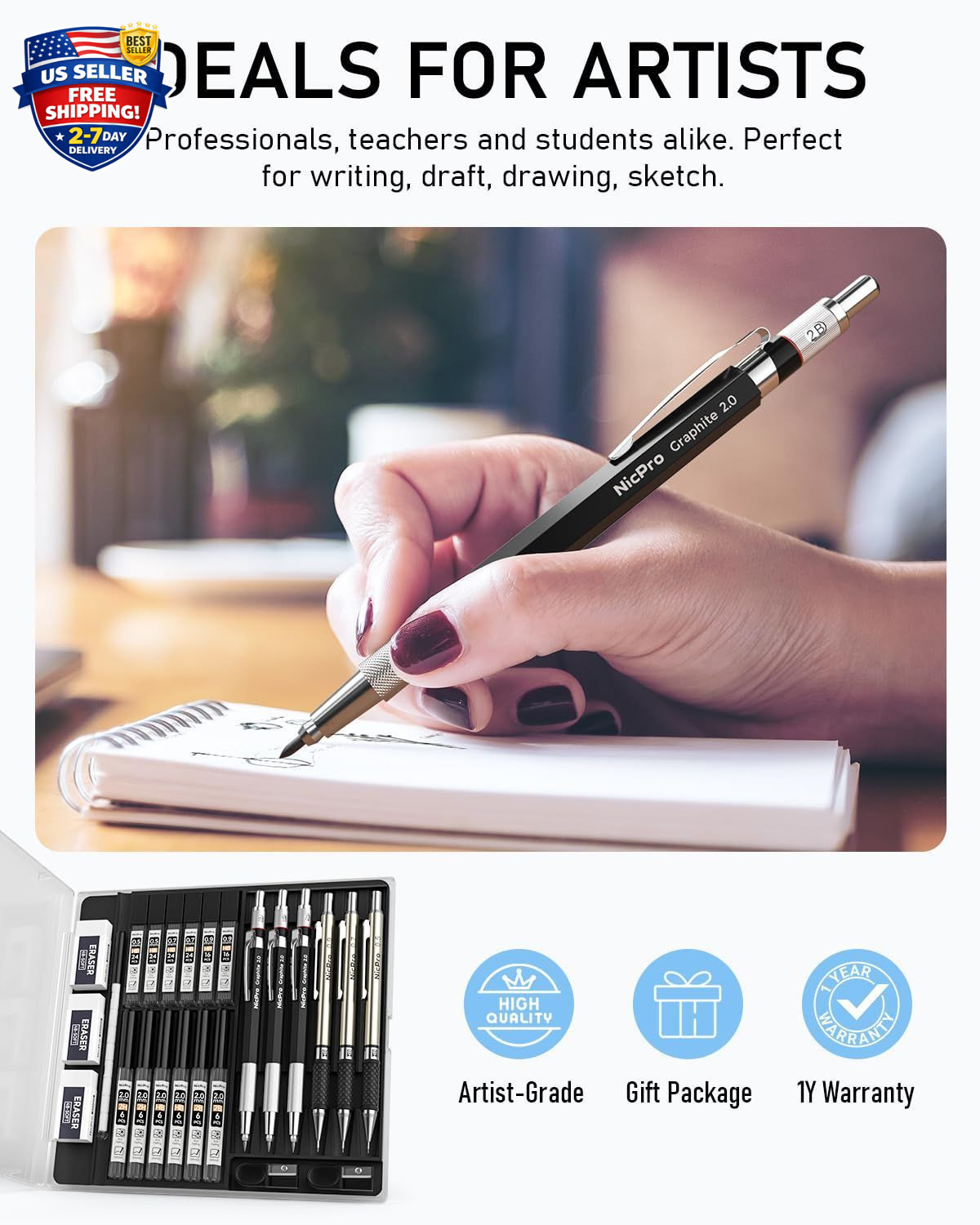 6PCS Art Mechanical Pencil Set, 3PCS Metal Drafting Pencil 0.5 mm & 0.7 mm & 0.9