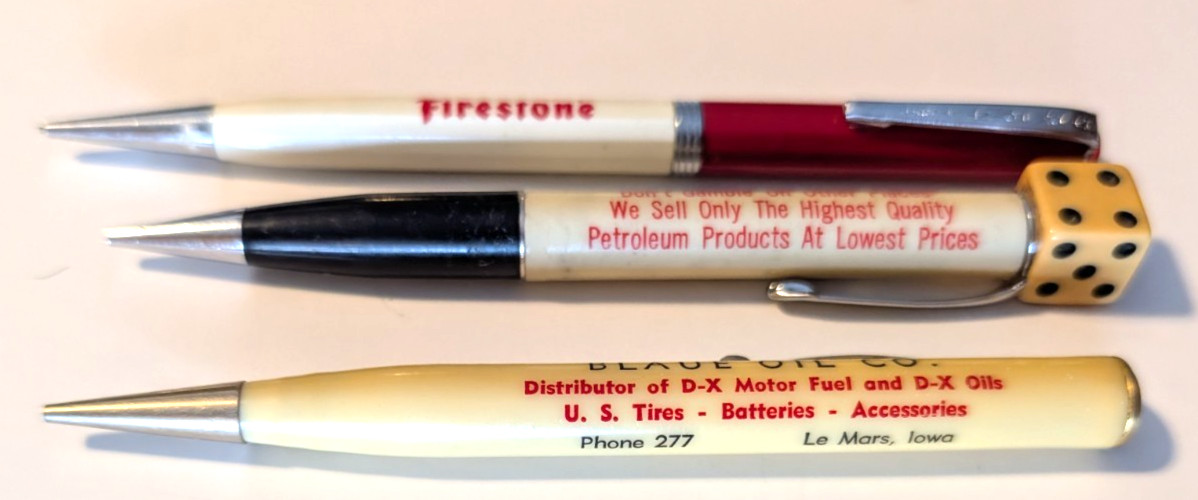 Vintage Firestone, Blaue & Woerner Oil Companies Advertising Mechanical Pencils