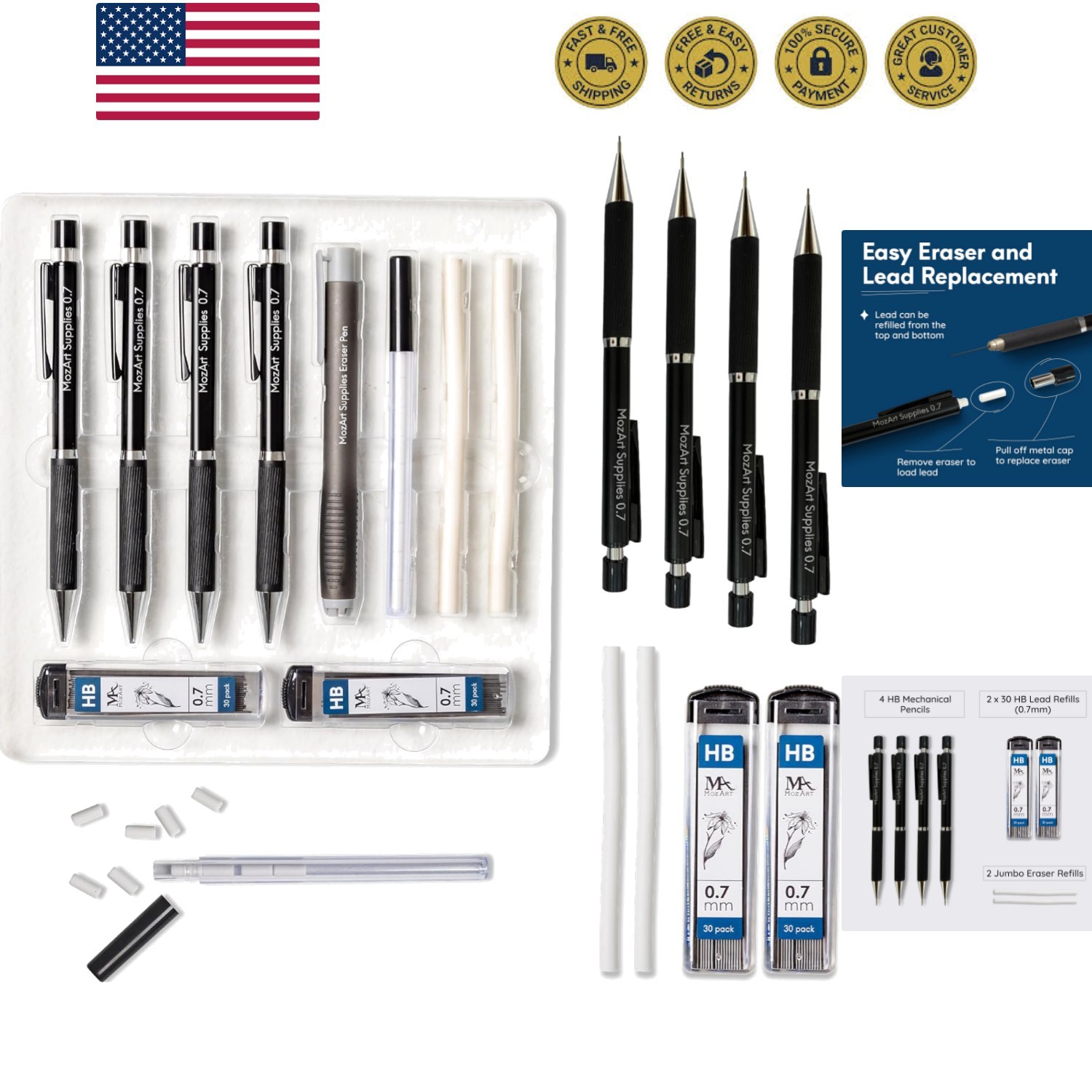 MozArt Mechanical Pencil 0.7mm Set with Case – With 2 x 30 HB Lead Refills, E…