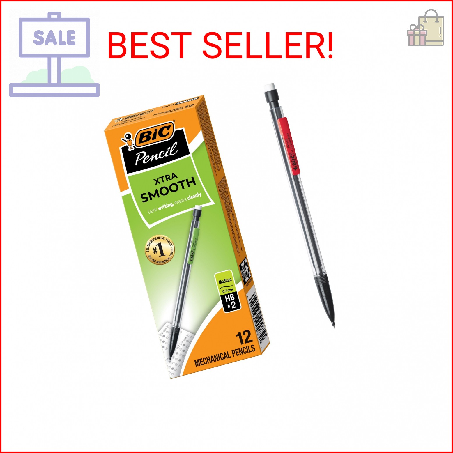 BIC Xtra-Smooth Mechanical Pencils with Erasers, Medium Point (0.7mm), 12-Count