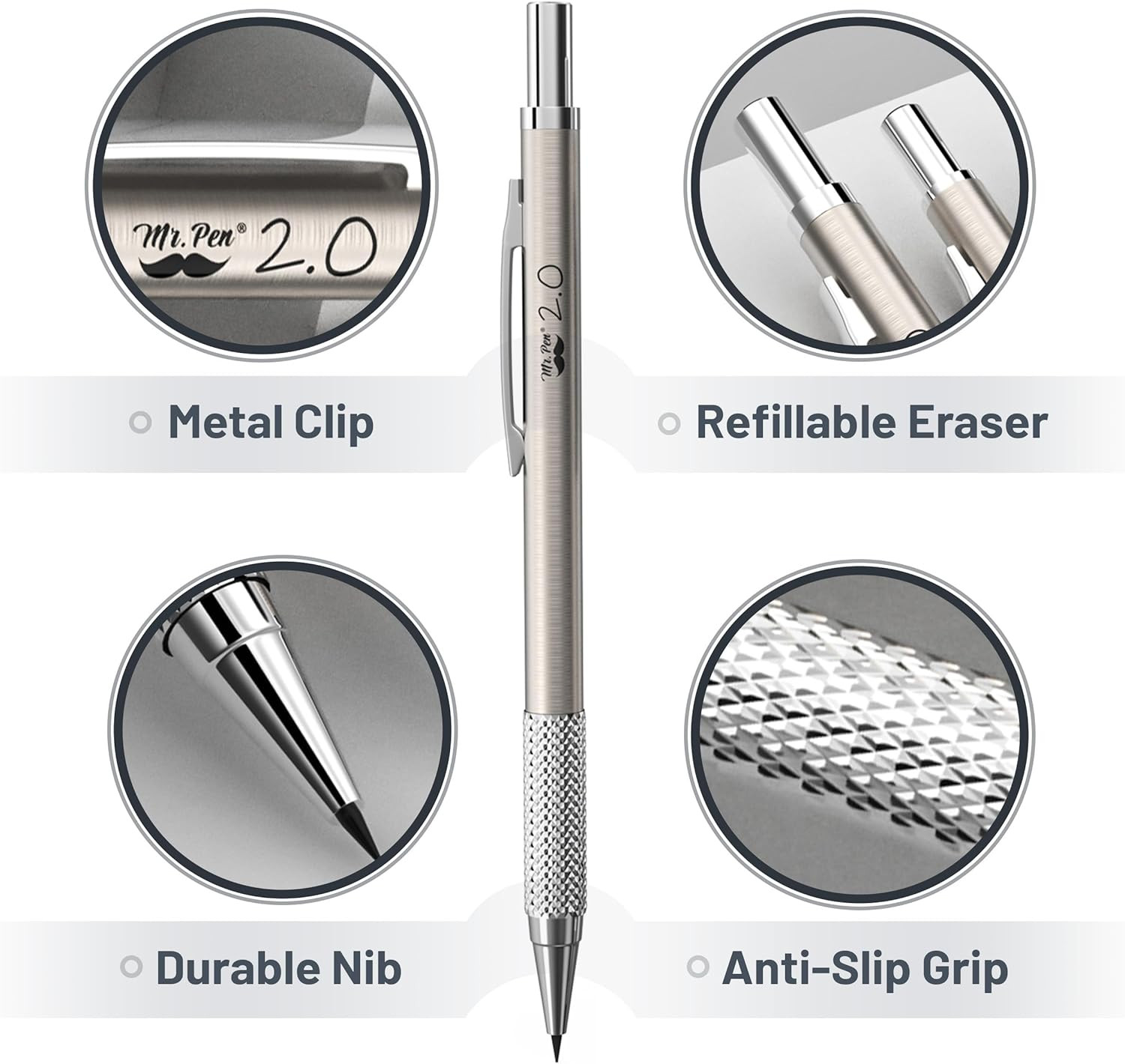 Mr. Pen- Metal Mechanical Pencil Set with Lead and Eraser Refills, 5 Sizes, 0.3,