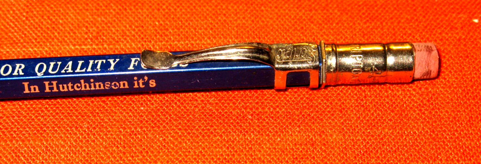 USED BLUE SCRIPTO 4-47 MECHANICAL PENCIL WITH FOR QUILITY FOODS ADV.