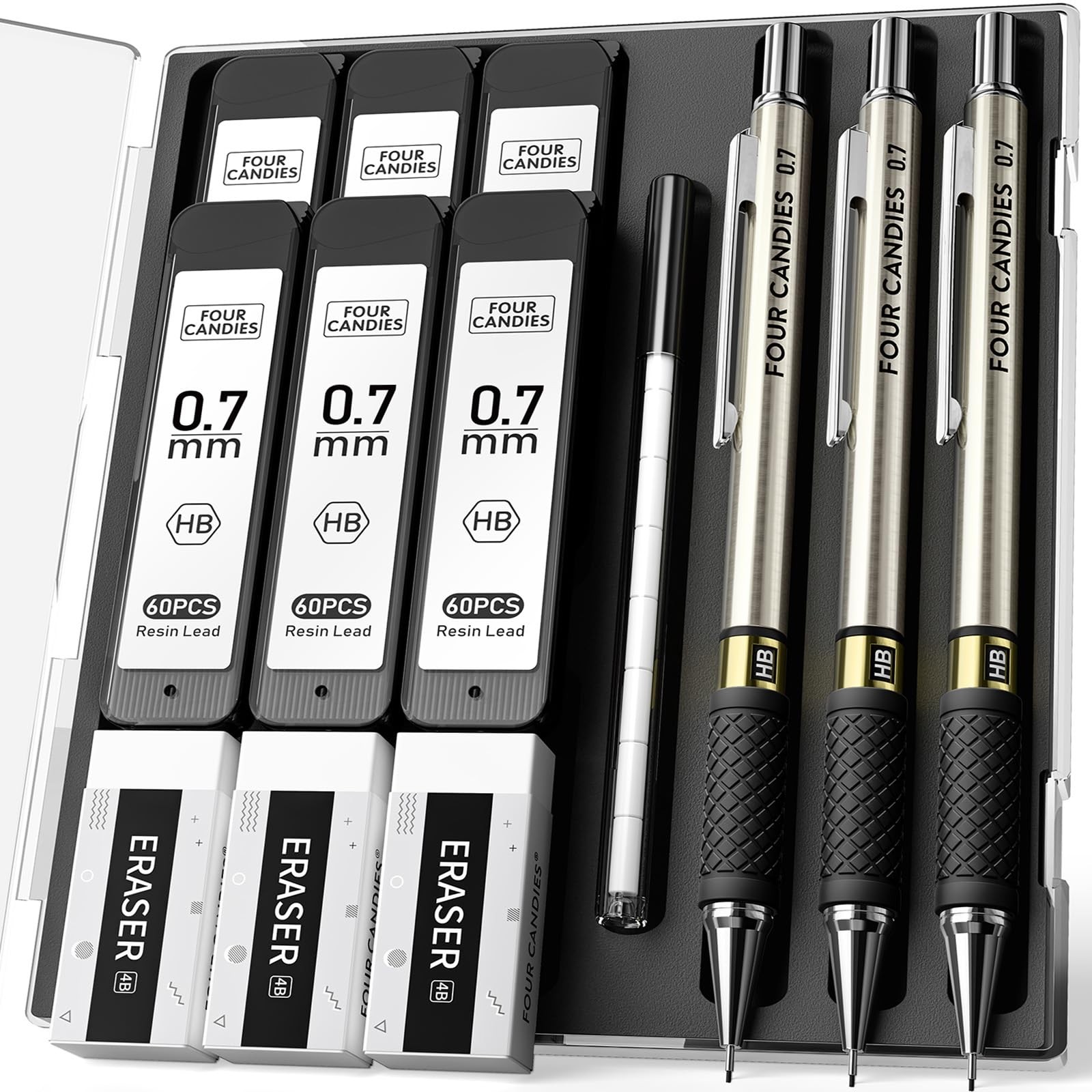 3 PCS Metal Mechanical Pencil Set 0.7mm Medium Point 360 Leads 12 Erasers