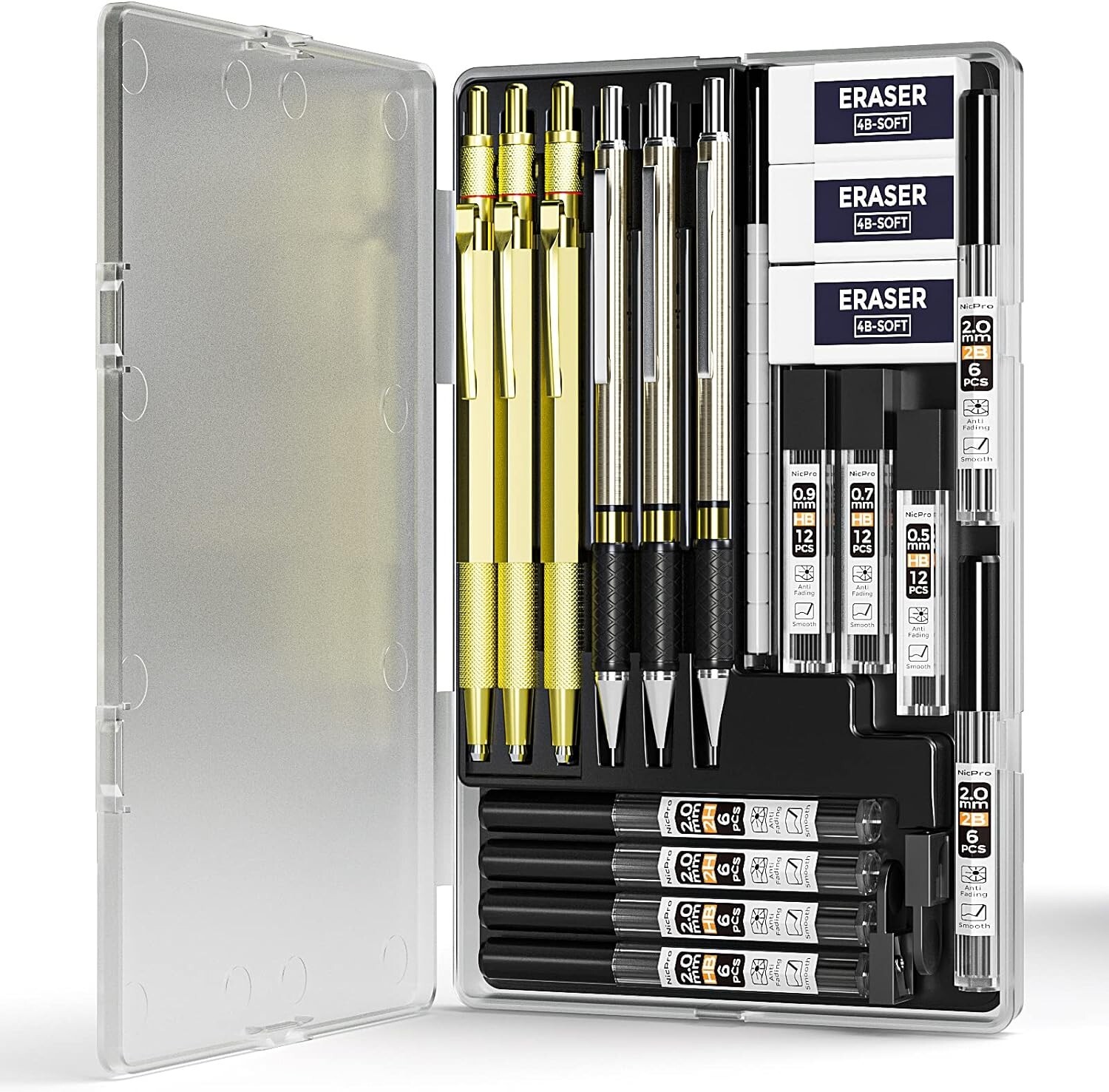Mechanical Pencils – 27 Piece – 0.5mm, 0.7mm, 0.9mm – Lead Refills – Erasers