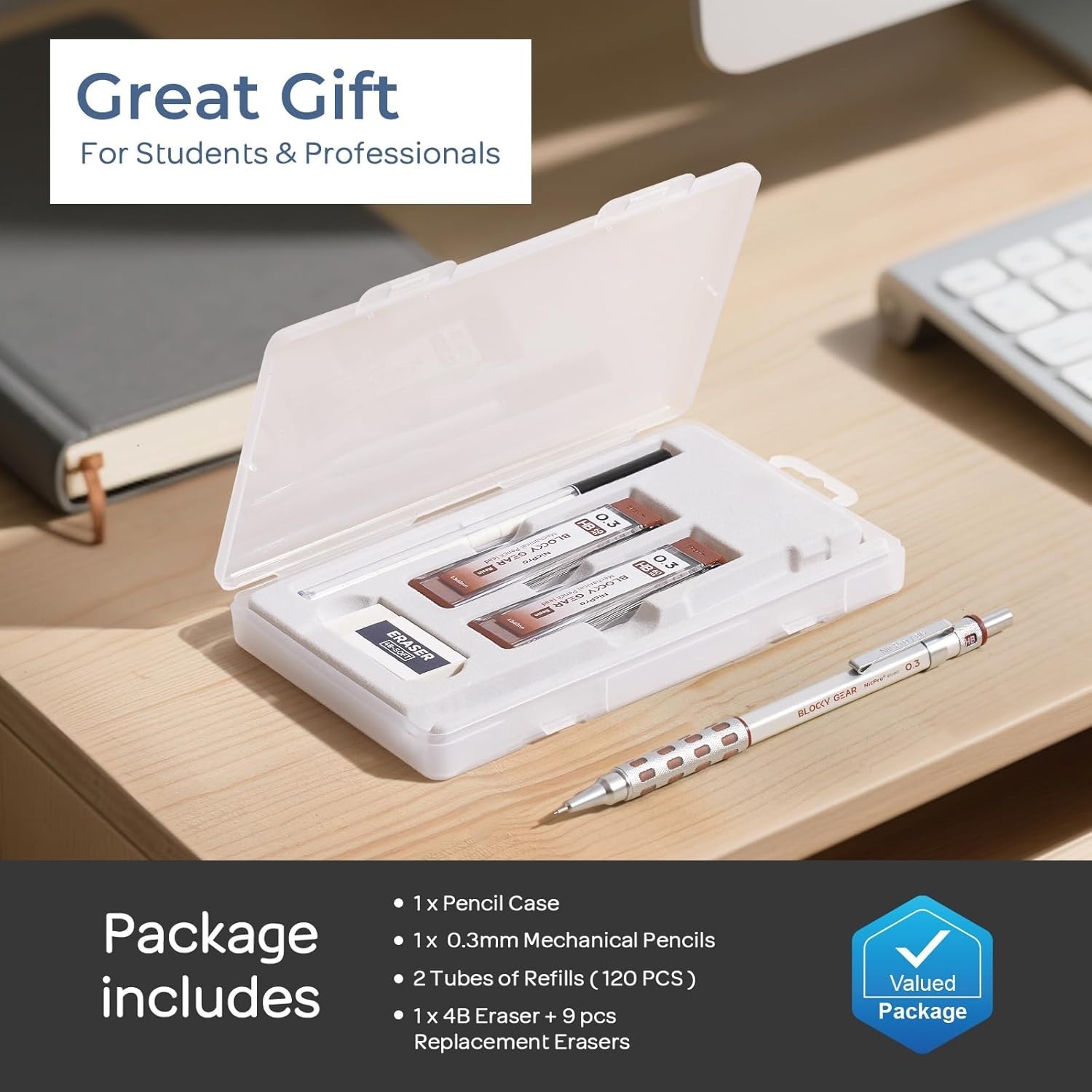 Blocky Gear 0.3 mm Mechanical Pencils Set in Case, Metal Pencil with Lead Ref…