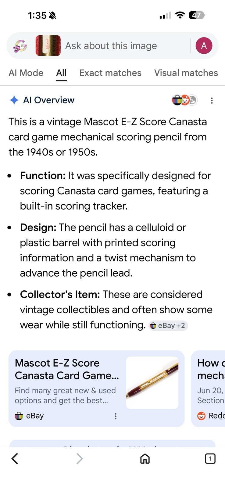 Vintage Mascot E-Z Score Canasta Card Game Mechanical Scoring Pencil USA